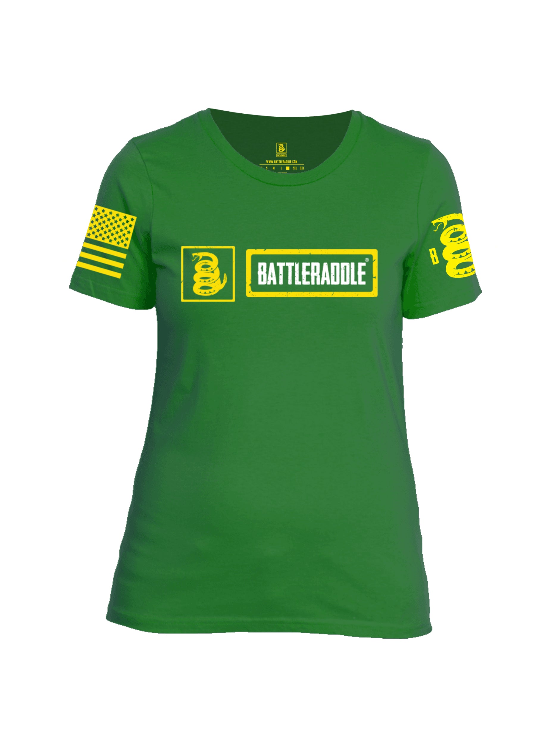 Battleraddle Original Logo Yellow Sleeve Print Womens Cotton Crew Neck T Shirt