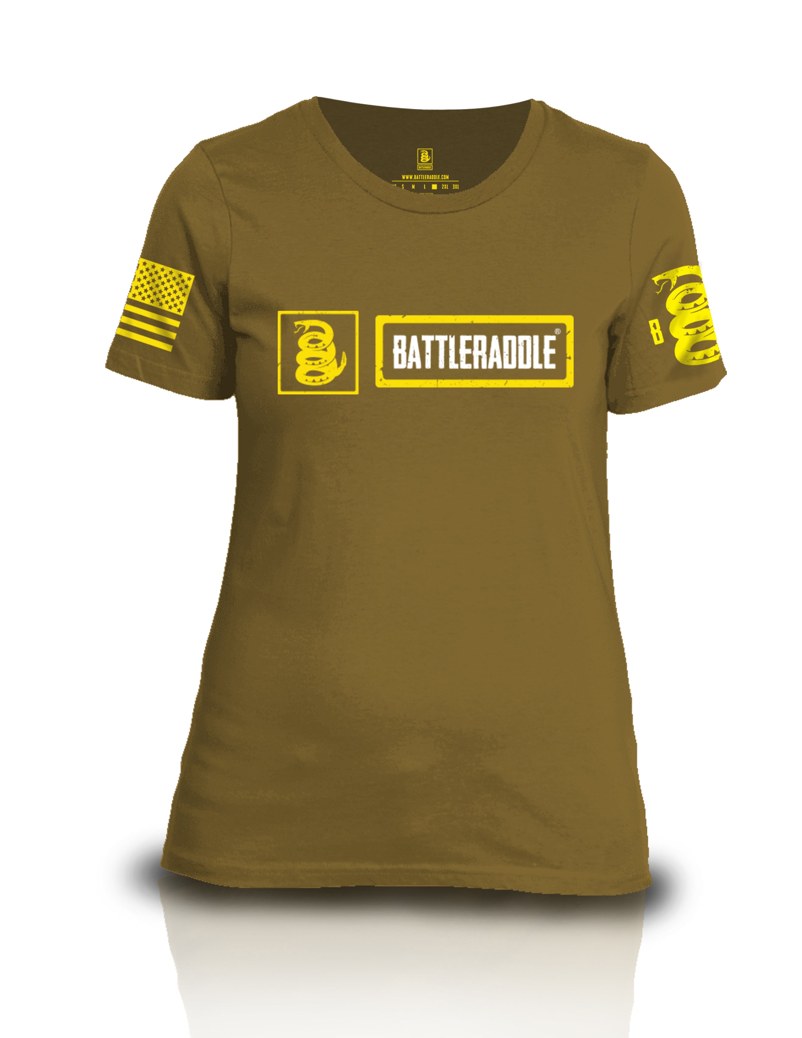 Battleraddle Original Logo Yellow Sleeve Print Womens Cotton Crew Neck T Shirt