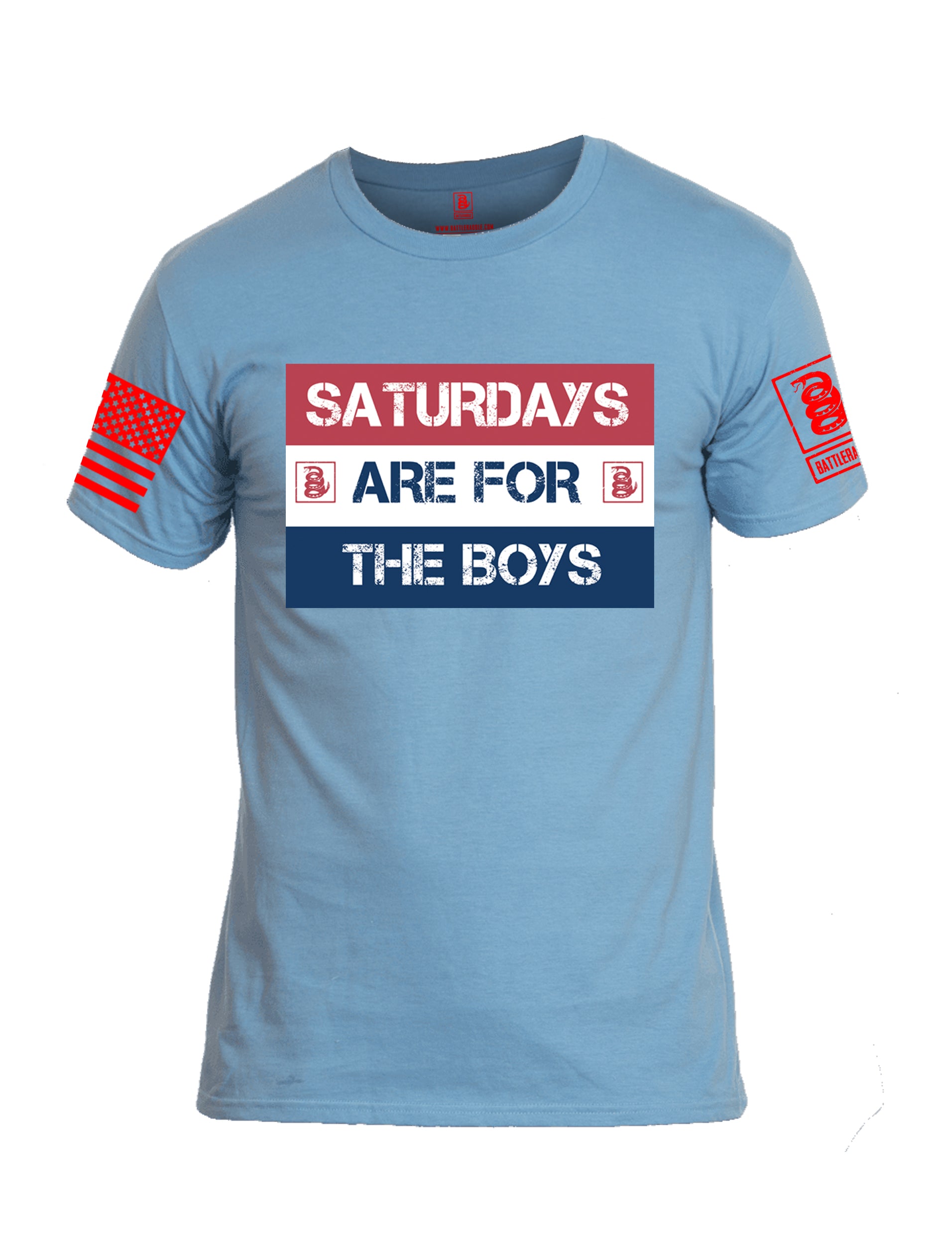 Battleraddle Saturdays Are For The Boys Red Sleeve Print Mens Cotton Crew Neck T Shirt