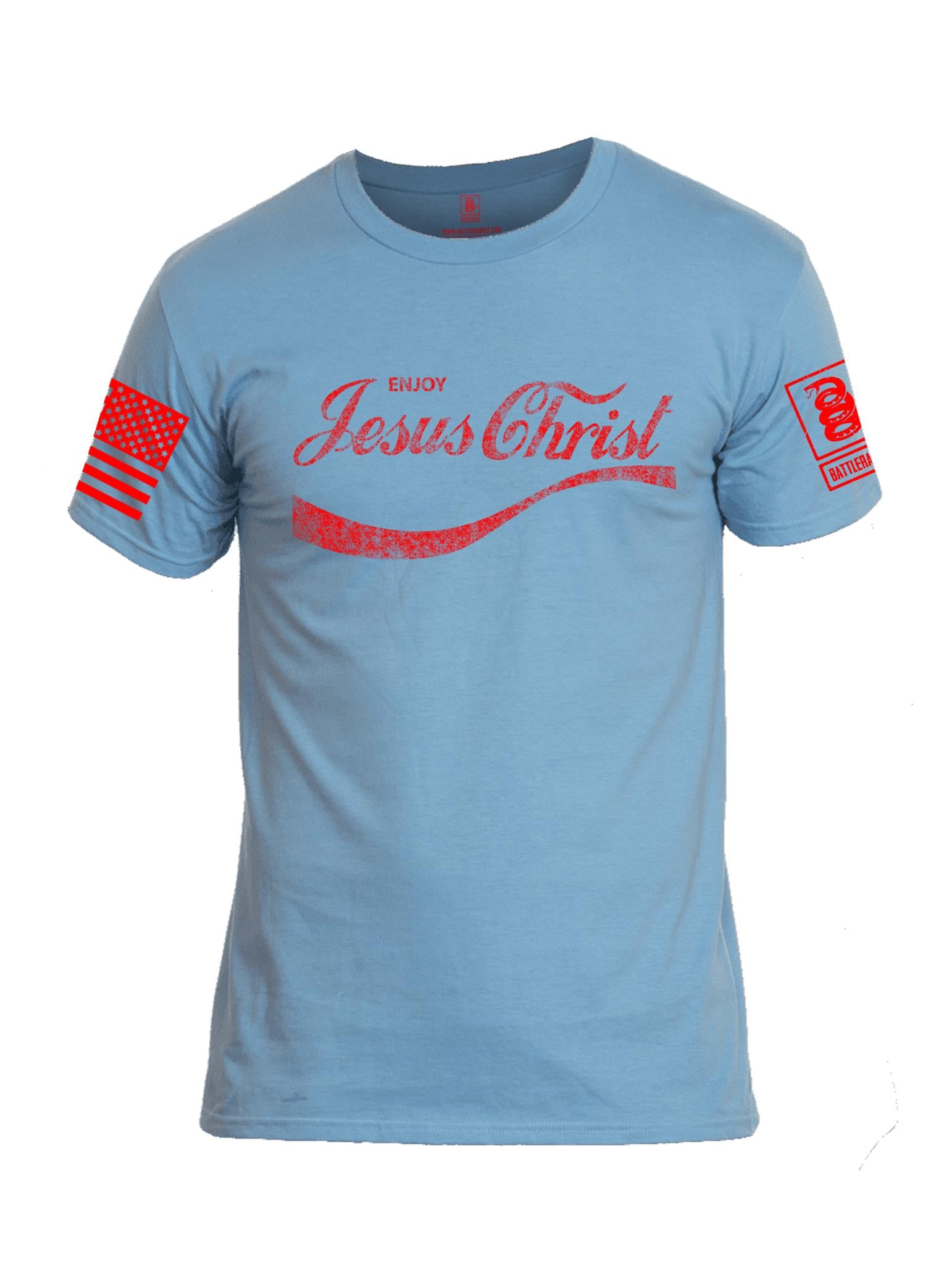 Battleraddle Enjoy Jesus Christ Red Sleeve Print Mens Cotton Crew Neck T Shirt