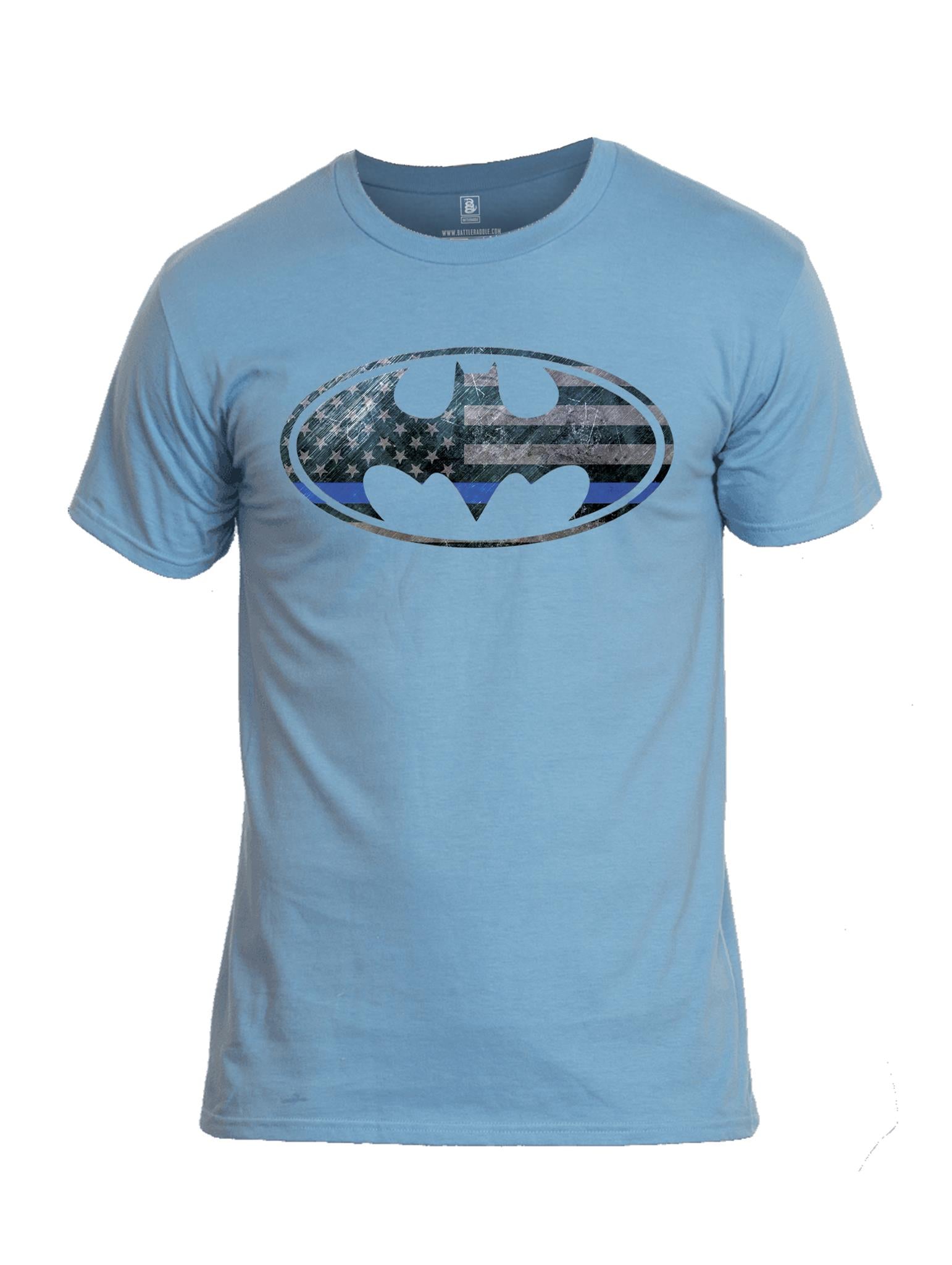 Battleraddle Bat Police Hero Blue Line USA Flag Mens Cotton Crew Neck T Shirt