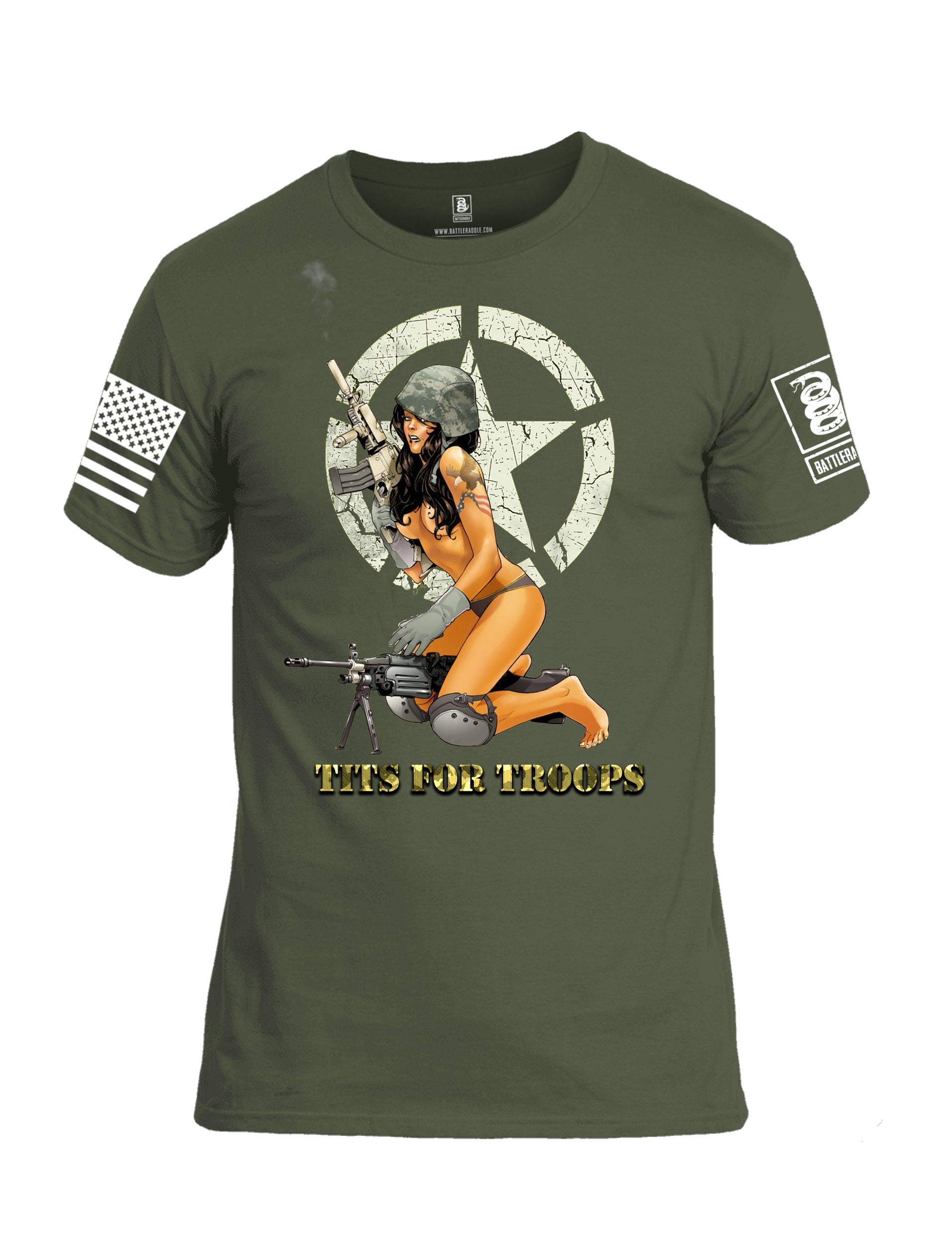 Battleraddle Tits For Troops White Sleeve Print Mens Cotton Crew Neck T Shirt