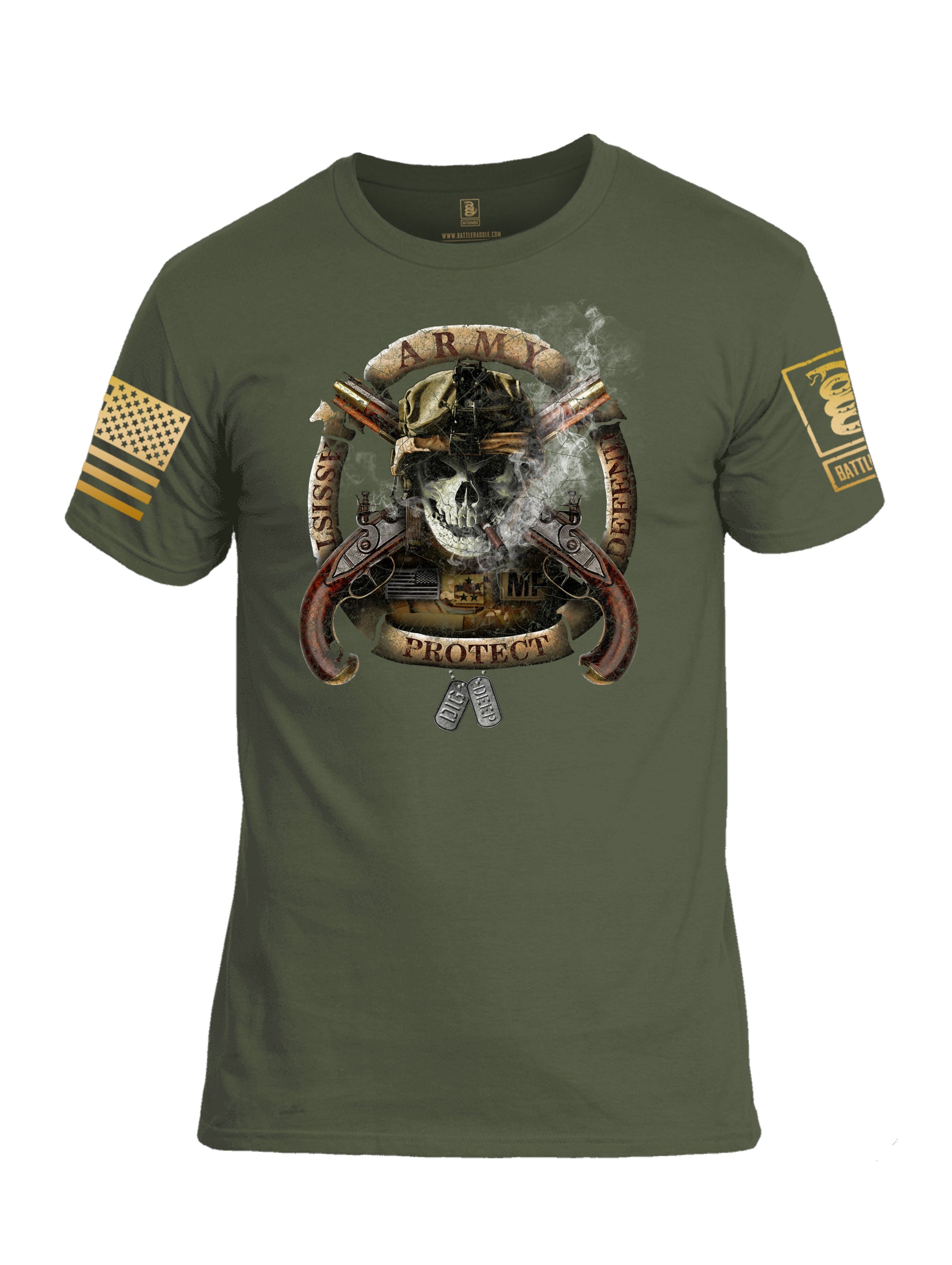 Battleraddle Army Assist Defend Protect Brass Sleeve Print Mens Cotton Crew Neck T Shirt