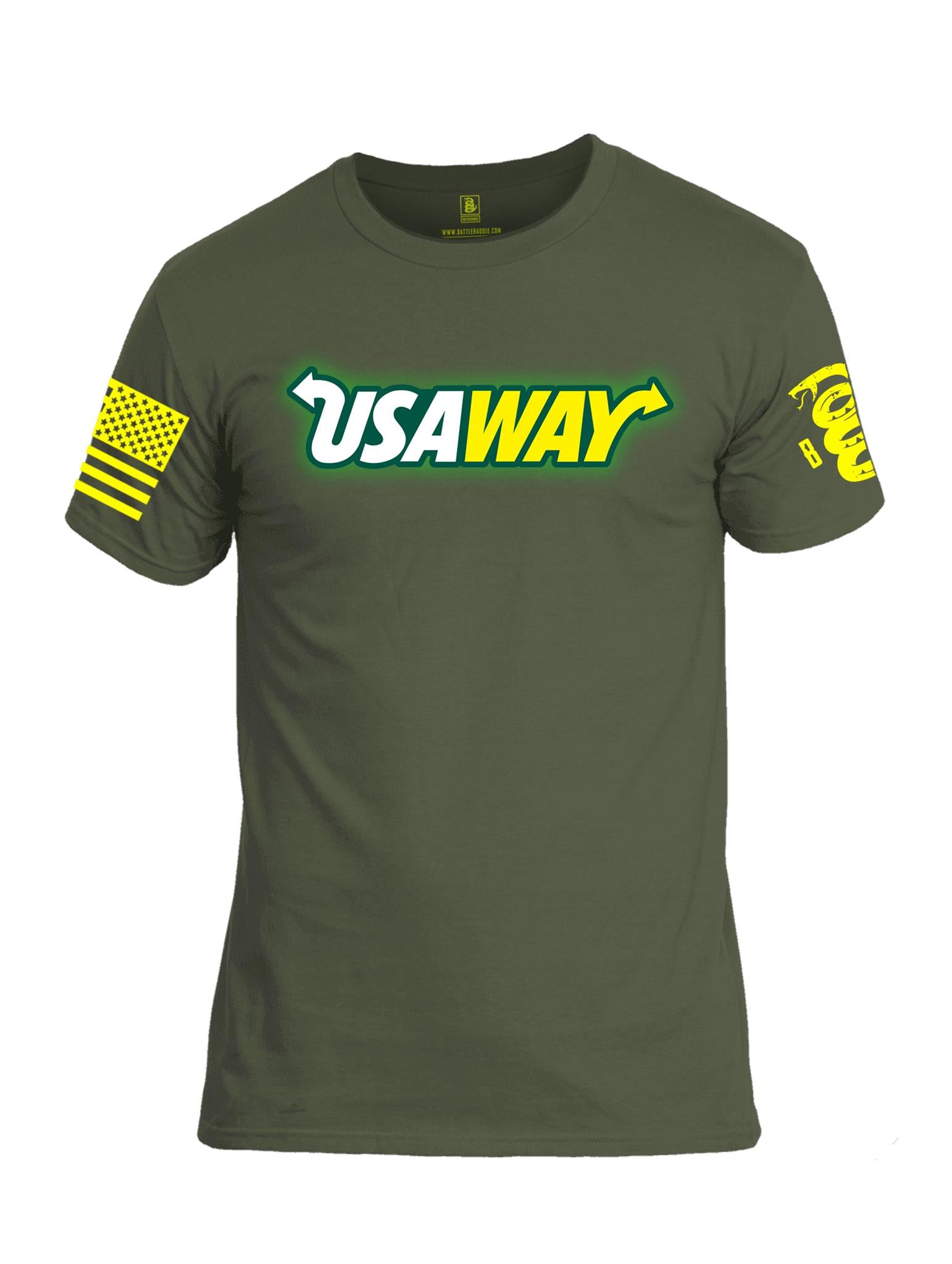 Battleraddle USAWAY Yellow Sleeve Print Mens Crew Neck Cotton T Shirt