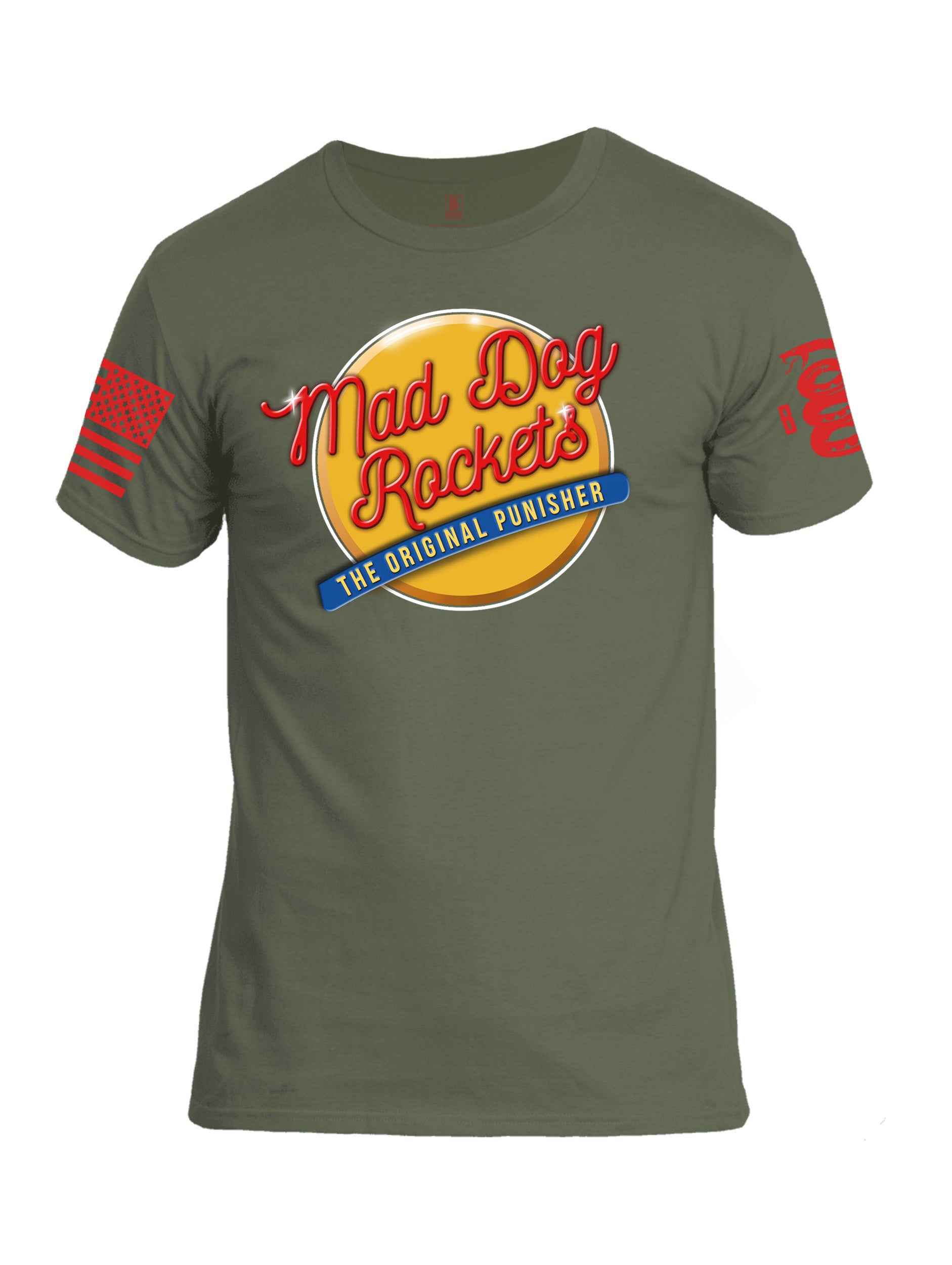 Battleraddle Mad Dog Rockets The Original Expounder Red Sleeve Print Mens Cotton Crew Neck T Shirt