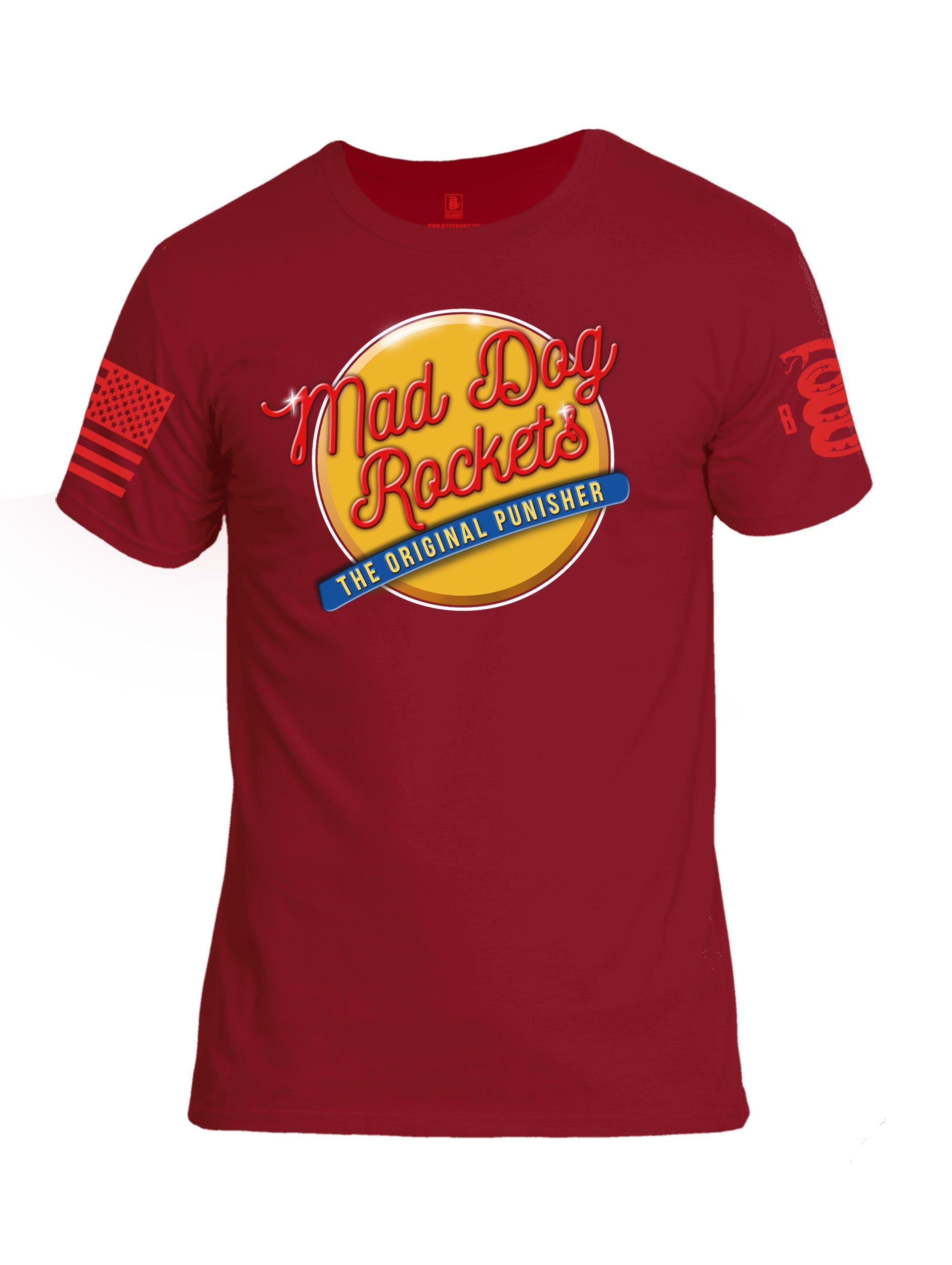 Battleraddle Mad Dog Rockets The Original Expounder Red Sleeve Print Mens Cotton Crew Neck T Shirt