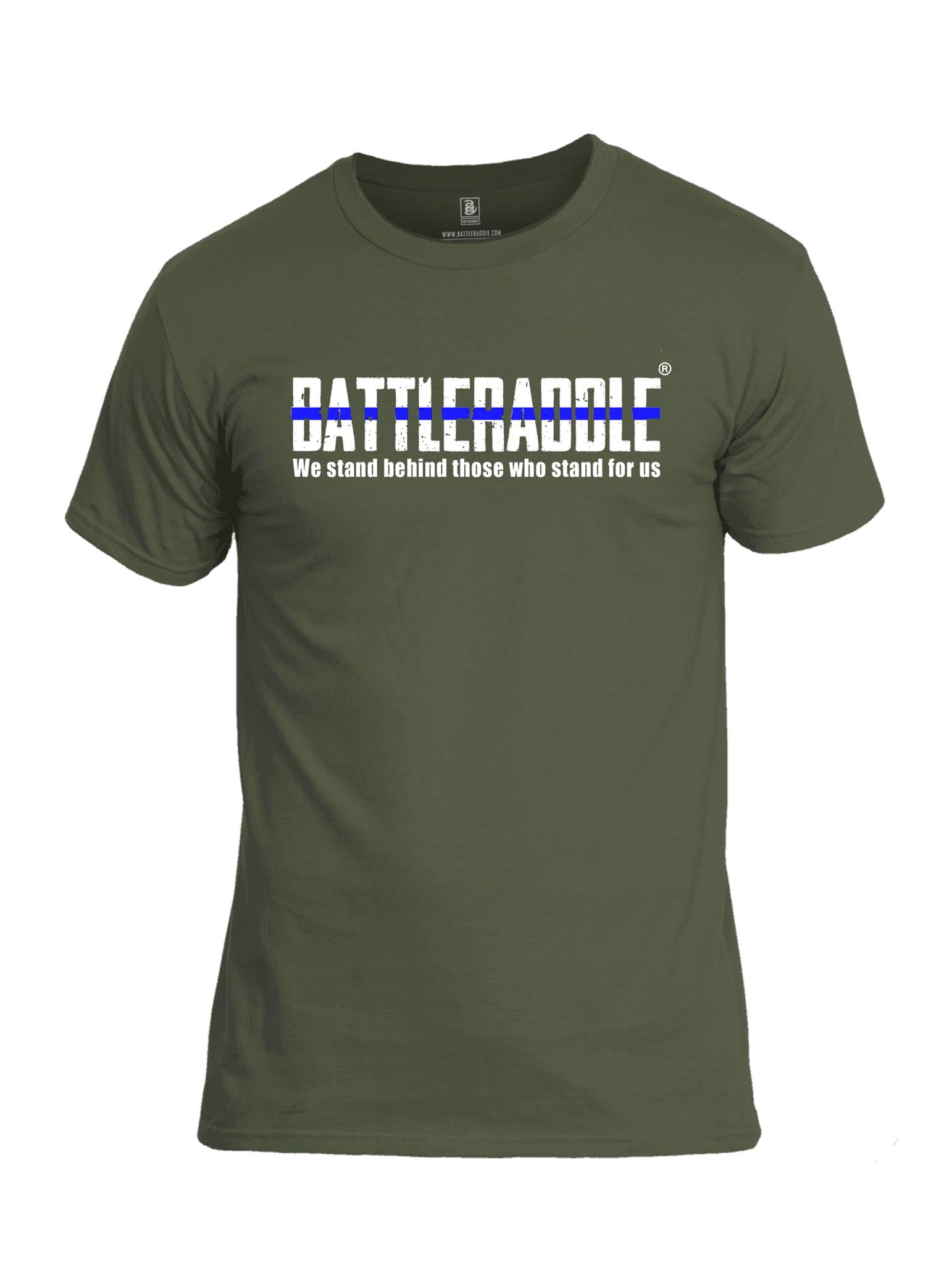 Battleraddle We Stand Behind Those Who Stand For Us Blue Line Mens Cotton Crew Neck T Shirt