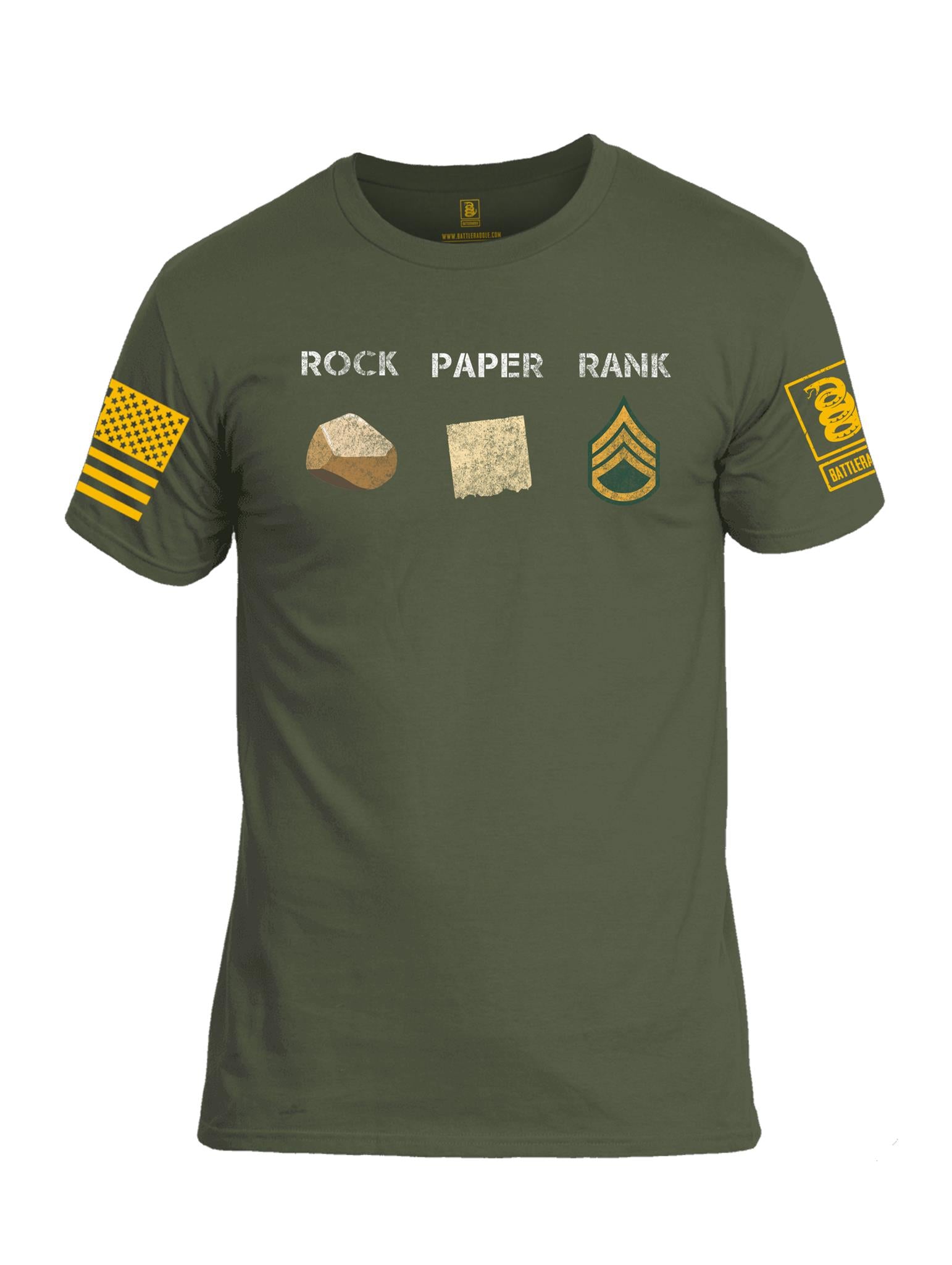 Battleraddle Rock Paper Rank Gold Sleeve Print Mens Cotton Crew Neck T Shirt