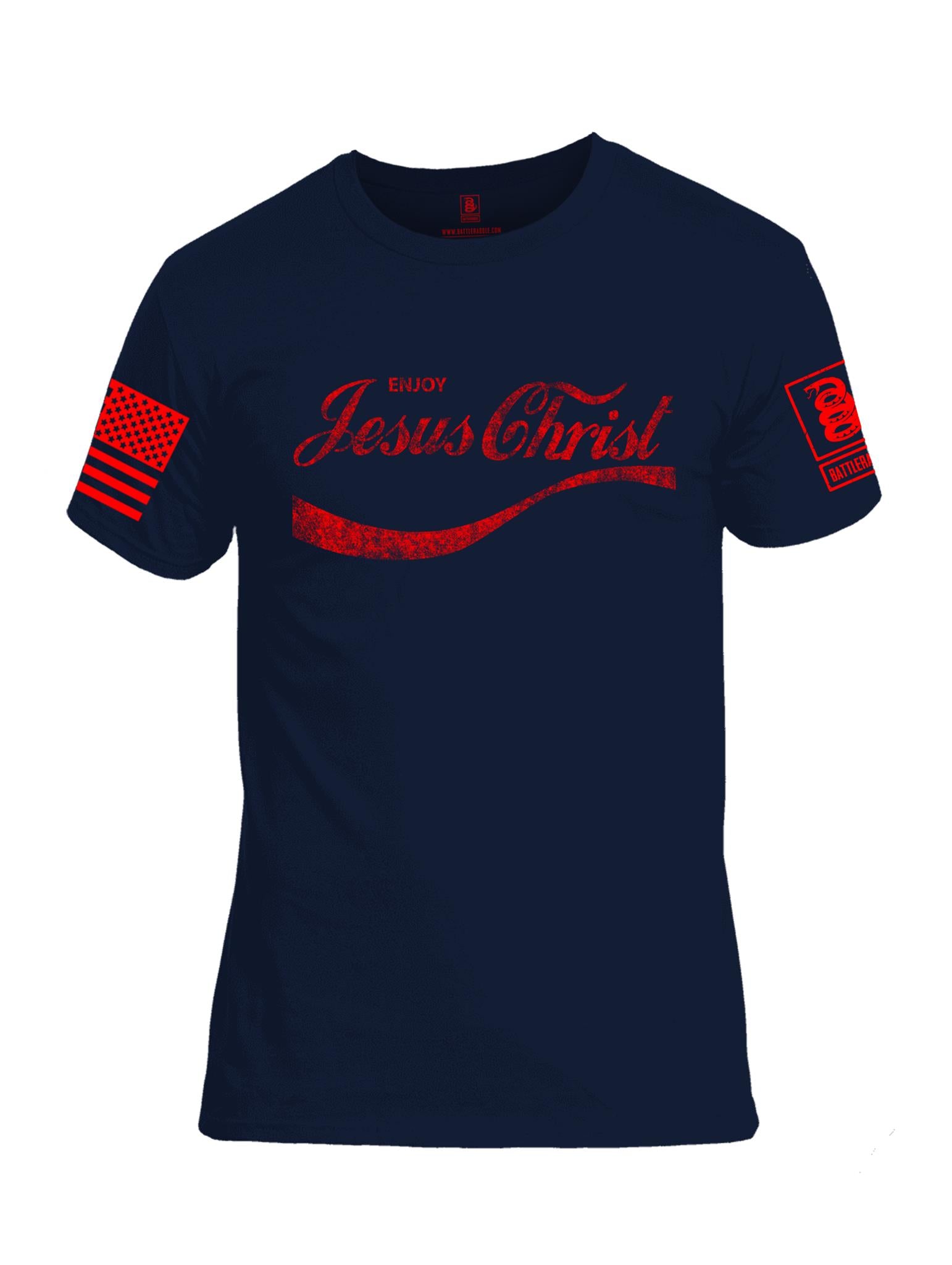 Battleraddle Enjoy Jesus Christ Red Sleeve Print Mens Cotton Crew Neck T Shirt