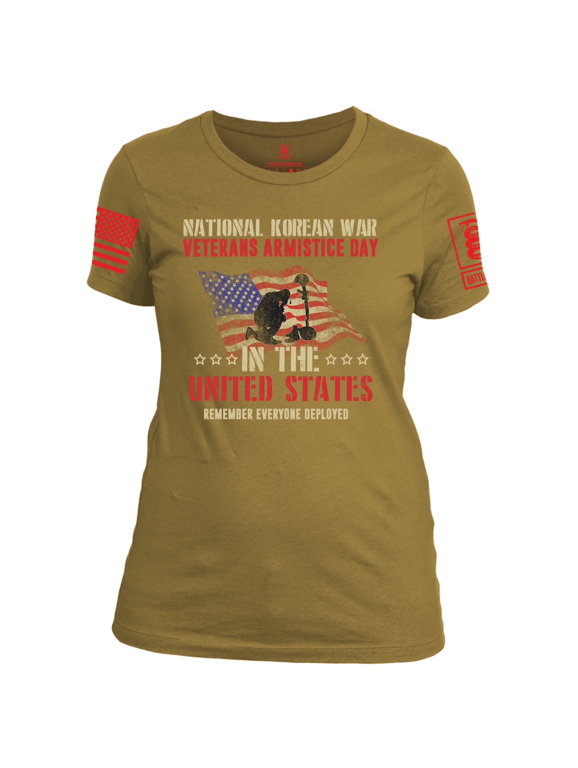 Battleraddle National Korean War Veterans Armistice Day In The United States Remember Everyone Deployed Red Sleeve Print Womens Cotton Crew Neck T Shirt