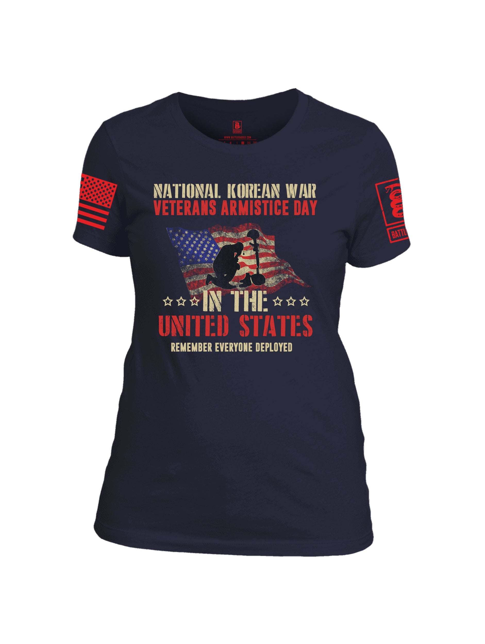 Battleraddle National Korean War Veterans Armistice Day In The United States Remember Everyone Deployed Red Sleeve Print Womens Cotton Crew Neck T Shirt