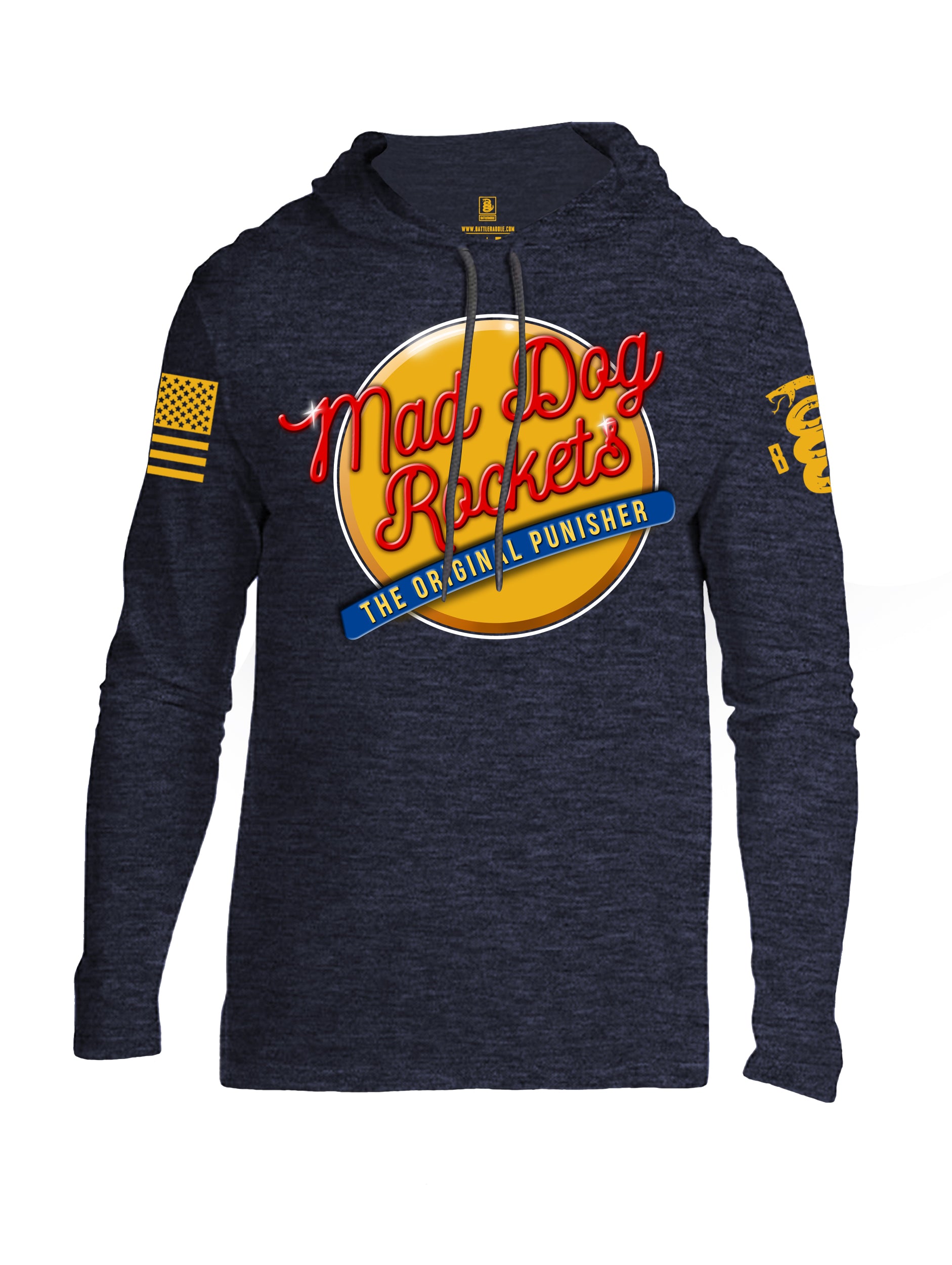 Battleraddle Mad Dog Rockets The Original Expounder Yellow Sleeve Print Mens Thin Cotton Lightweight Hoodie