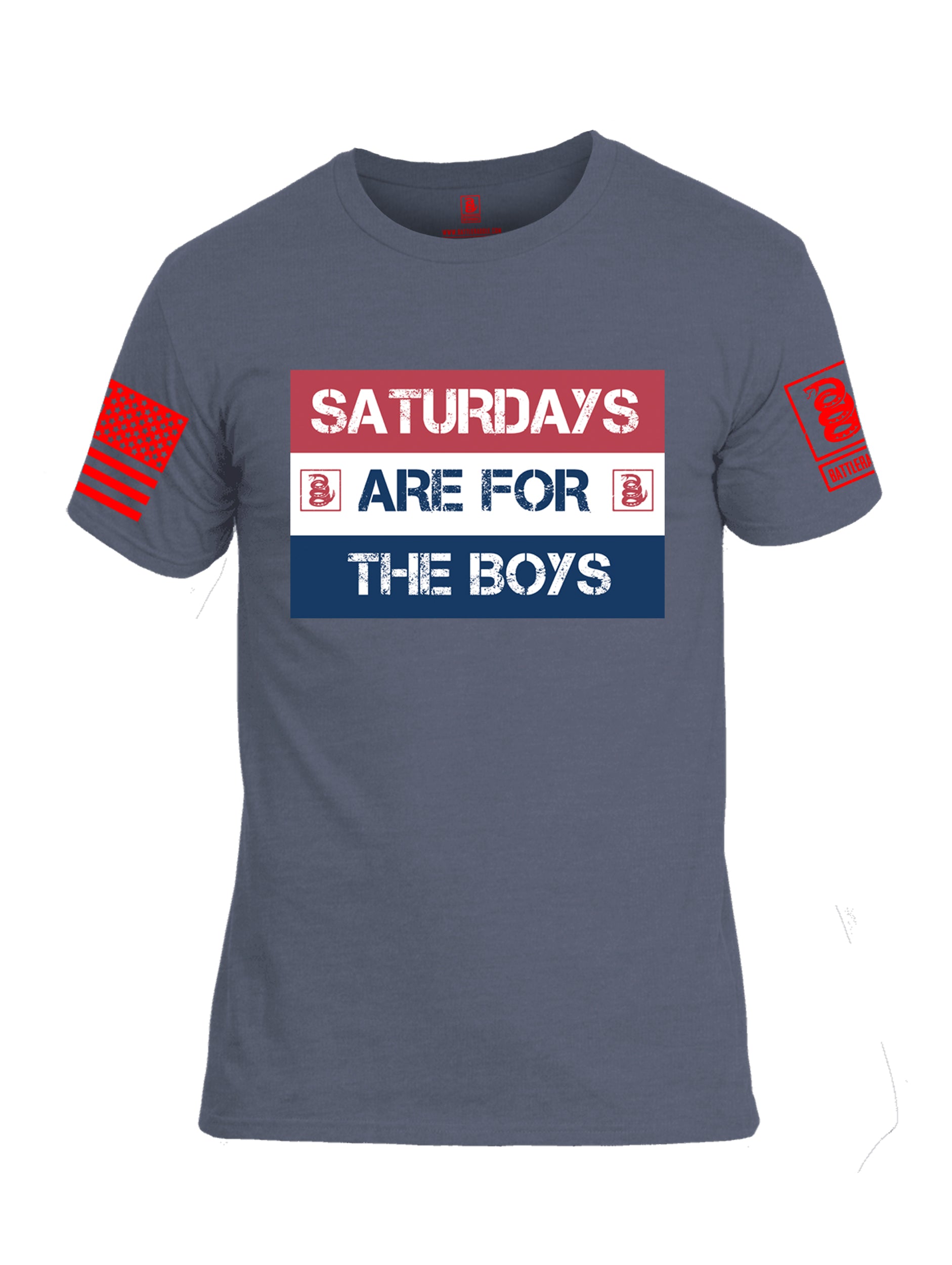 Battleraddle Saturdays Are For The Boys Red Sleeve Print Mens Cotton Crew Neck T Shirt