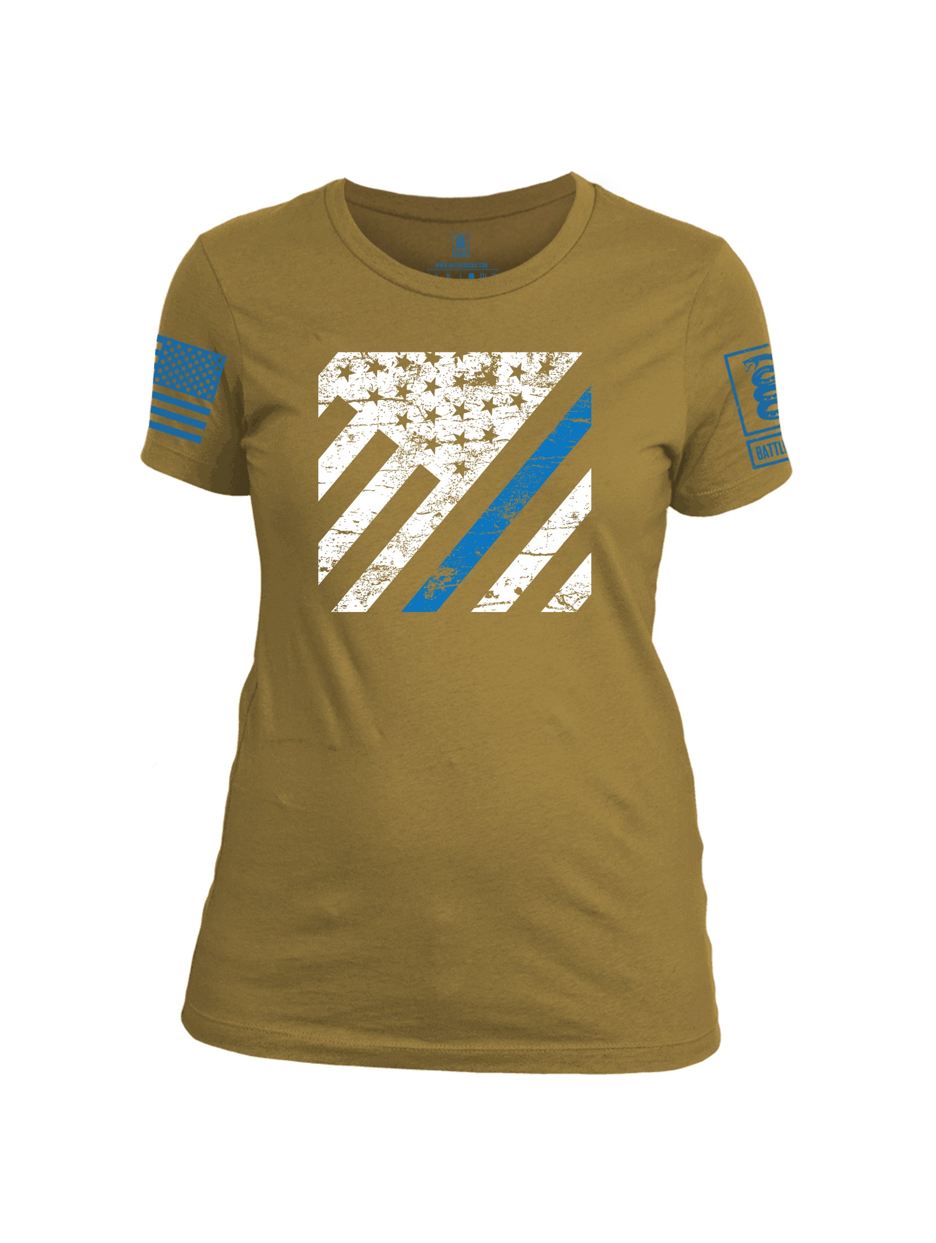 Battleraddle Vertical USA Flag Blue Line Blue Sleeve Print Womens Cotton Crew Neck T Shirt