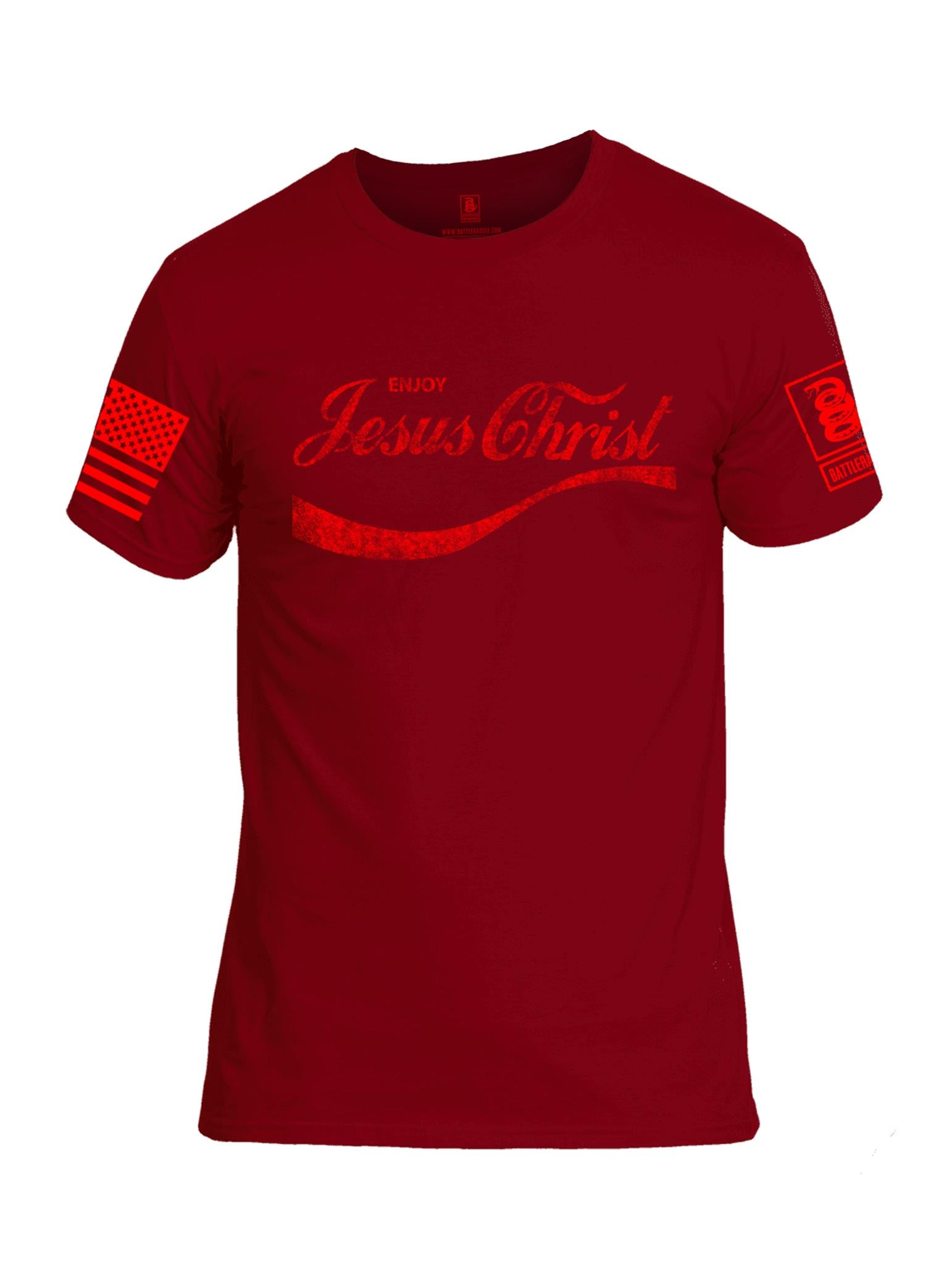 Battleraddle Enjoy Jesus Christ Red Sleeve Print Mens Cotton Crew Neck T Shirt