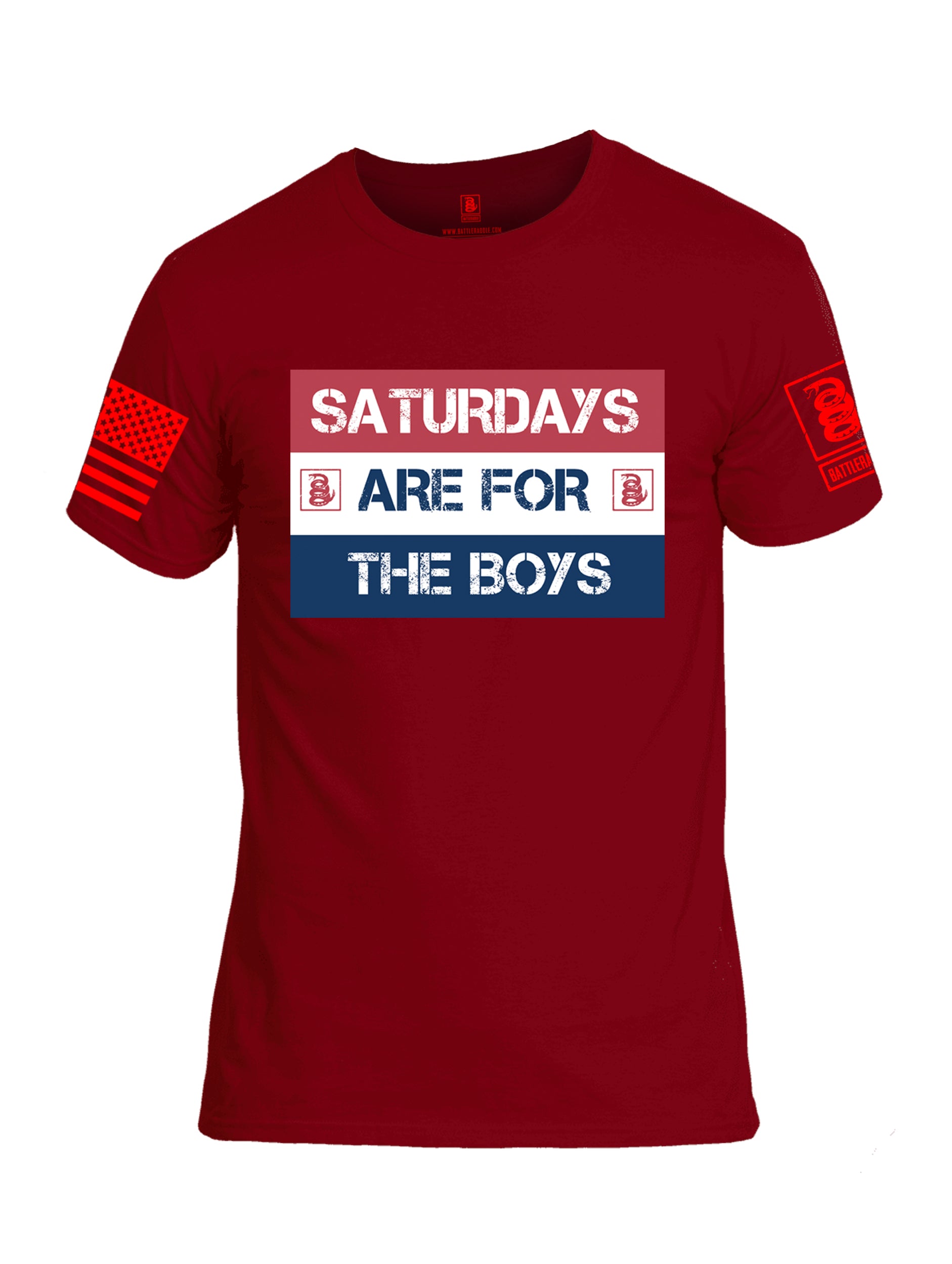 Battleraddle Saturdays Are For The Boys Red Sleeve Print Mens Cotton Crew Neck T Shirt