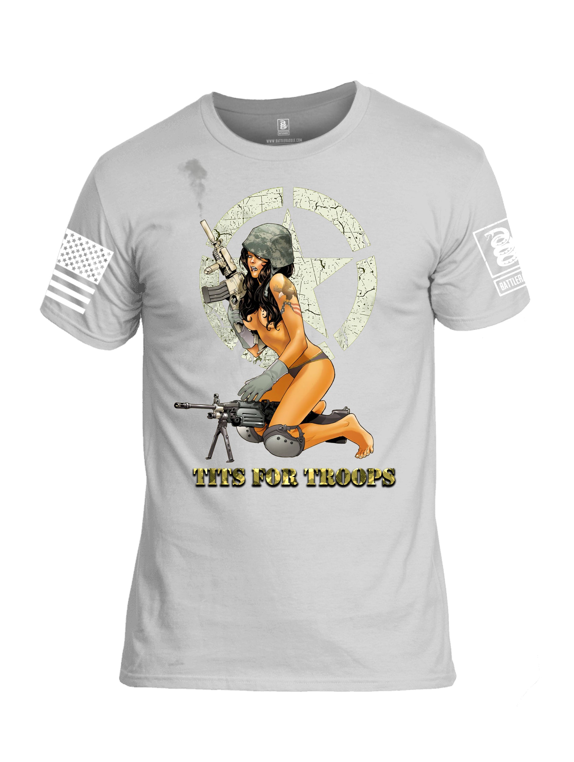 Battleraddle Tits For Troops White Sleeve Print Mens Cotton Crew Neck T Shirt