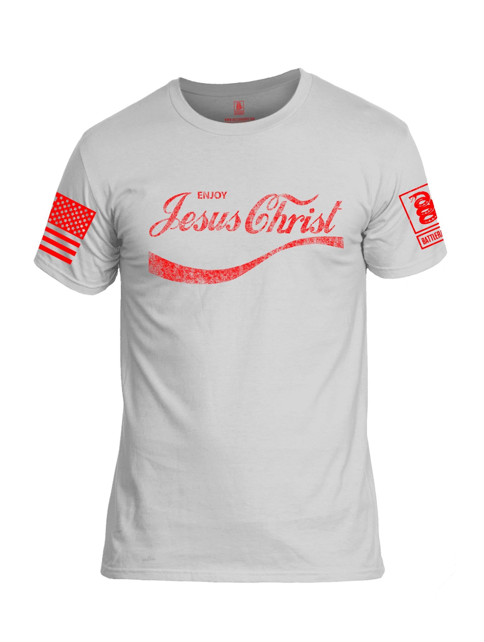 Battleraddle Enjoy Jesus Christ Red Sleeve Print Mens Cotton Crew Neck T Shirt