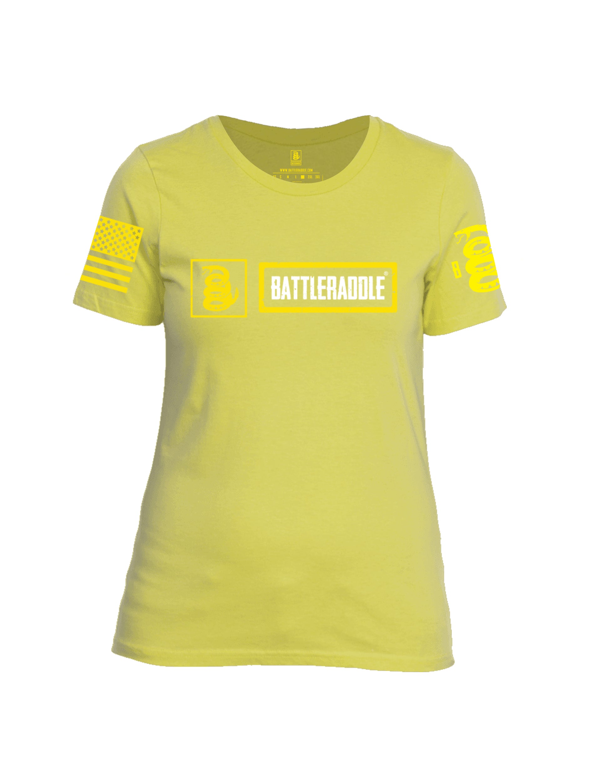 Battleraddle Original Logo Yellow Sleeve Print Womens Cotton Crew Neck T Shirt