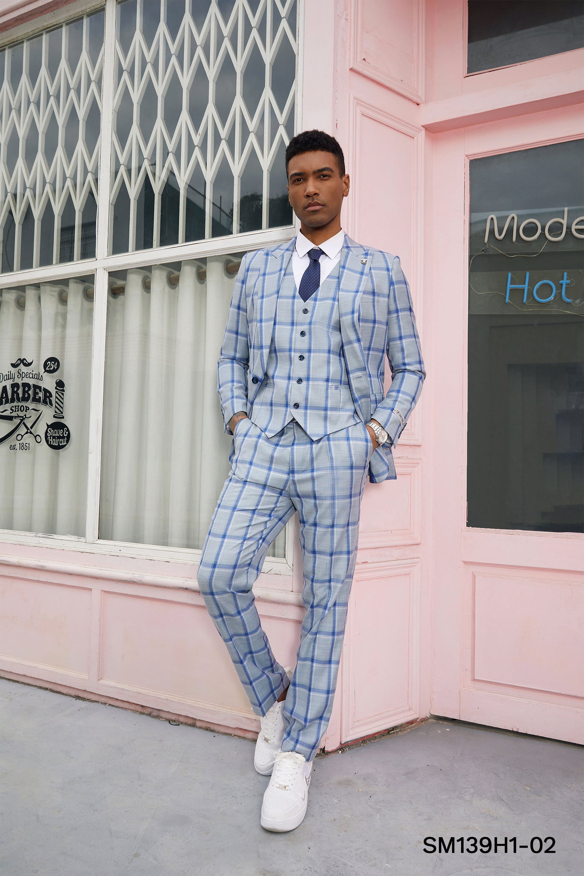 Sky Blue Plaid 3 PC  Stacy Adams Suit