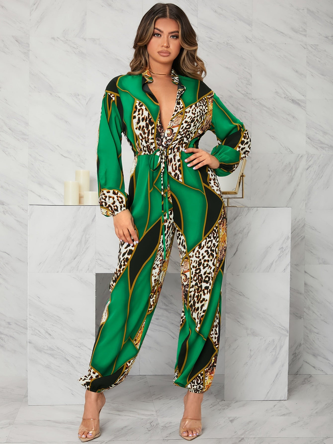 Gina Lorrie Leopard And Geo Print Sleeve Jumpsuit