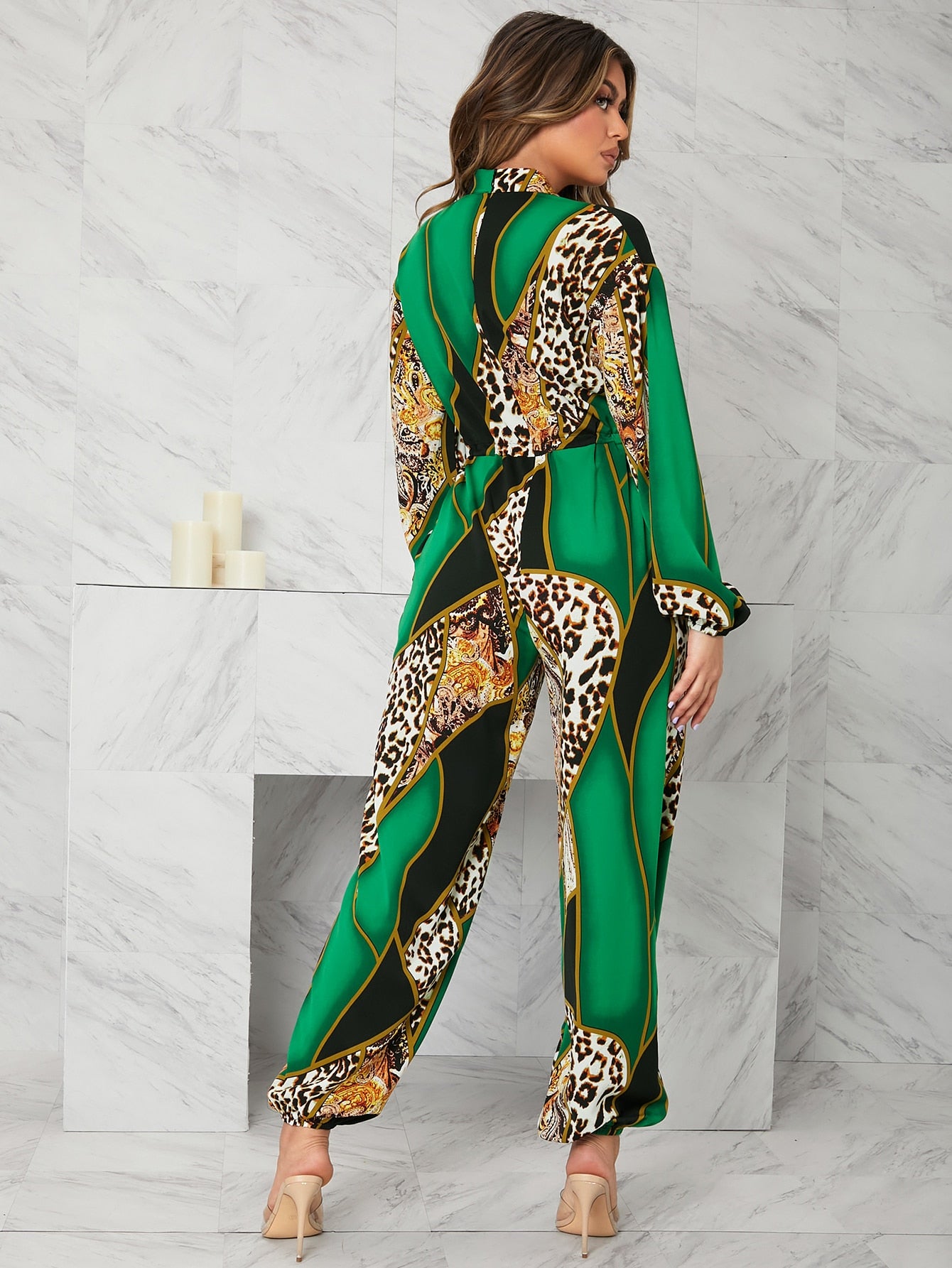 Gina Lorrie Leopard And Geo Print Sleeve Jumpsuit