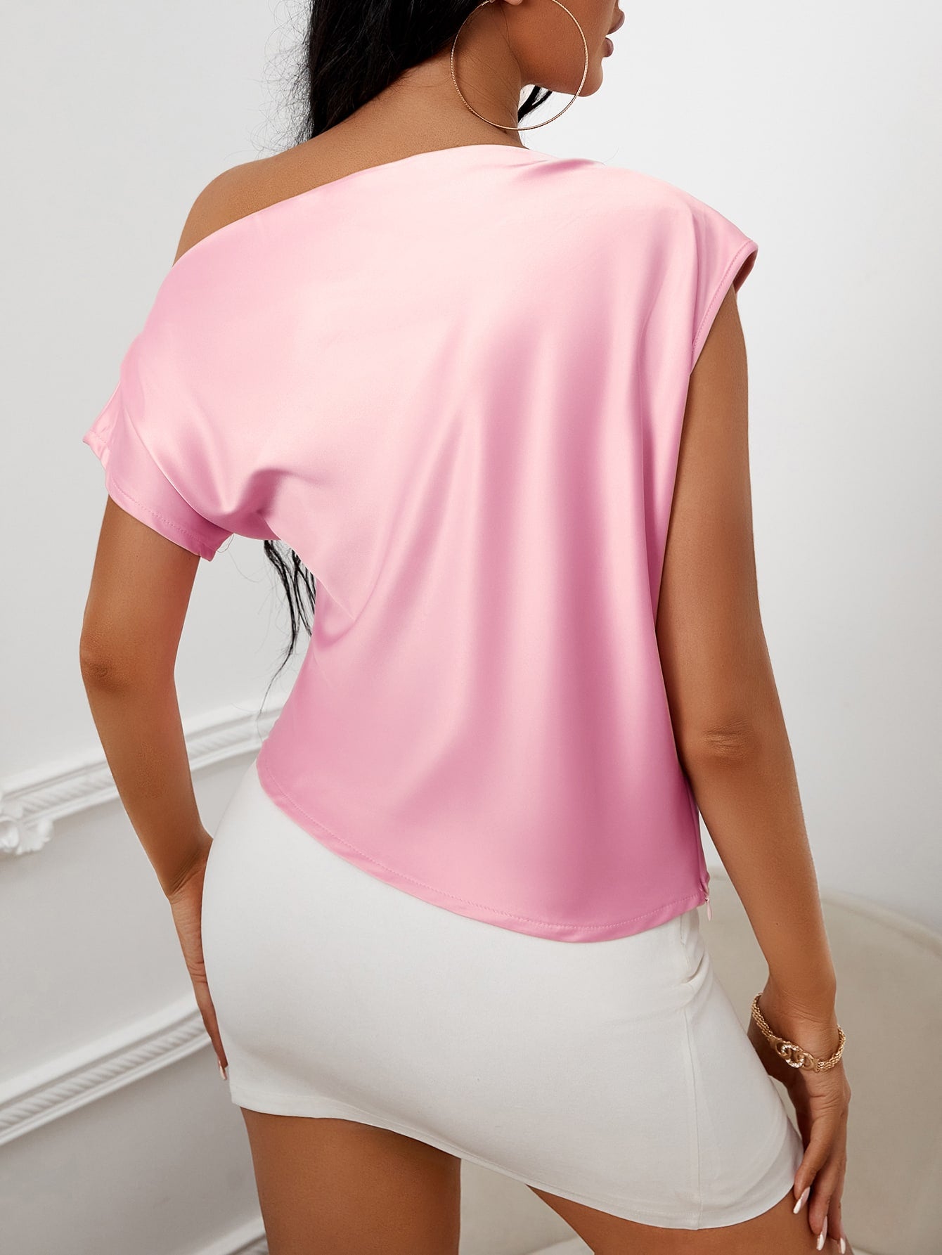 April Baker Asymmetrical Neck Ruched Satin Blouse