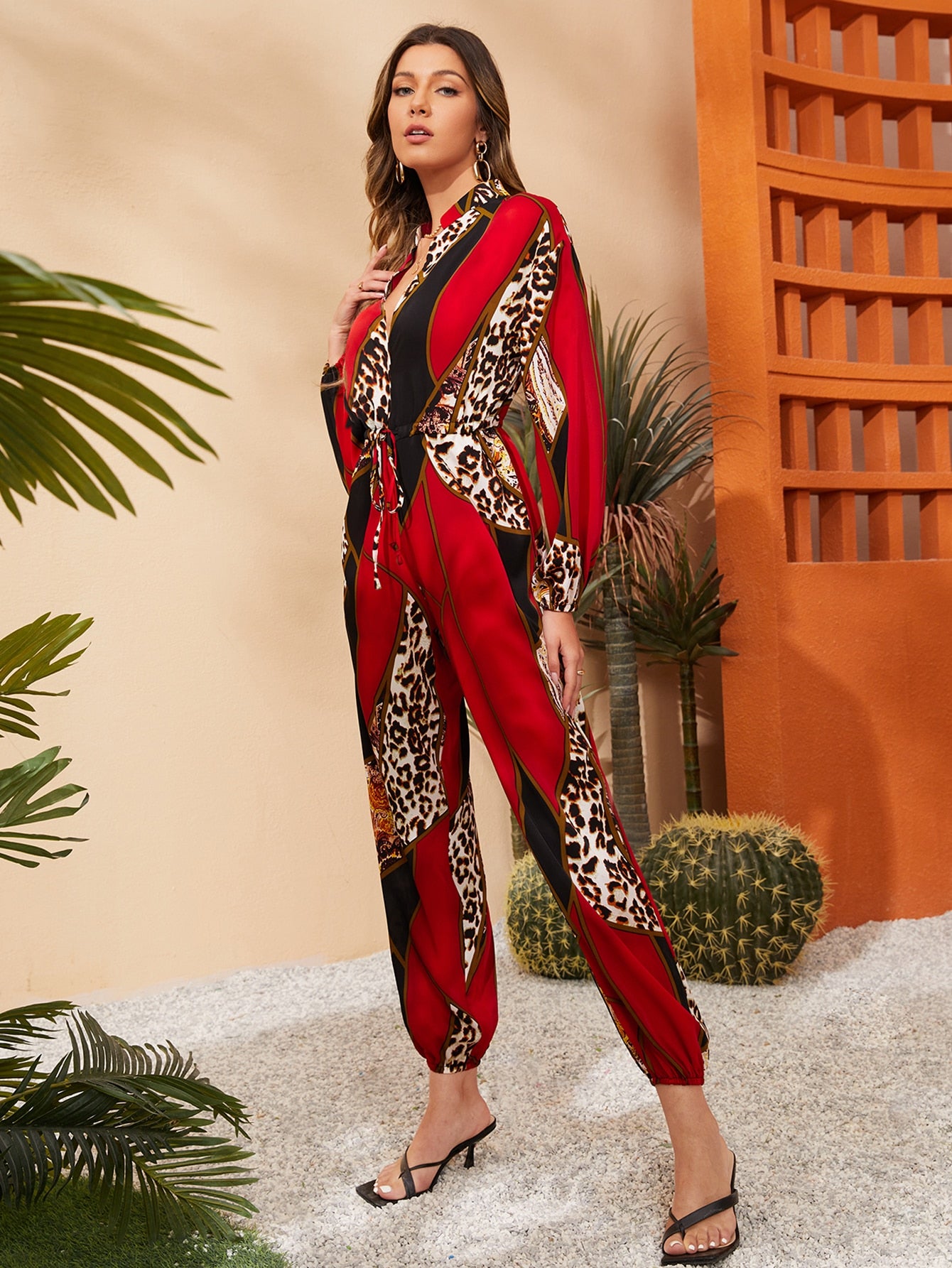 Gina Lorrie Leopard And Geo Print Sleeve Jumpsuit