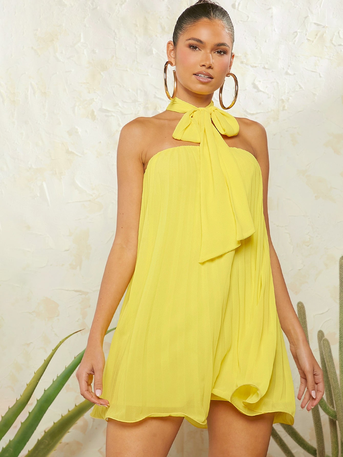 Daffodil Solid Pleated Halter Dress