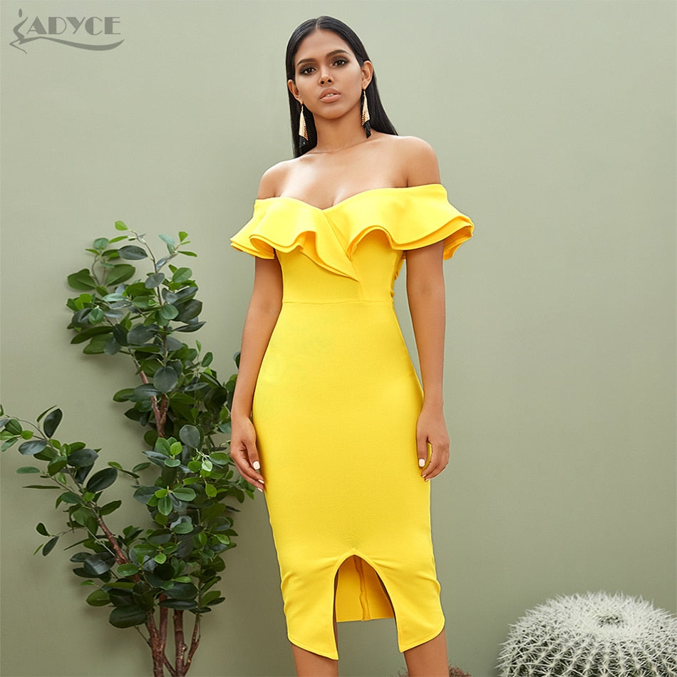 Rachel Phillips Off Shoulder Ruffles Slash Neck Yellow Evening Dress