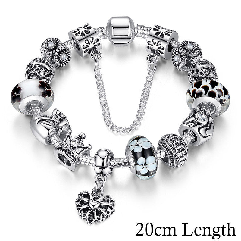 Pandora Inspired Silver Charms Bracelet & Bangles With Queen Crown Beads