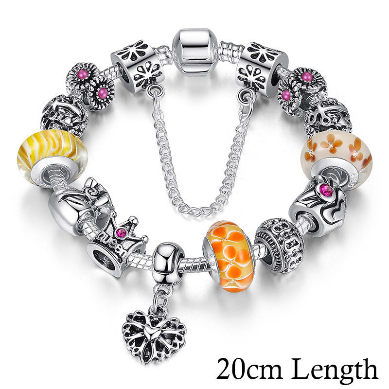 Pandora Inspired Silver Charms Bracelet & Bangles With Queen Crown Beads