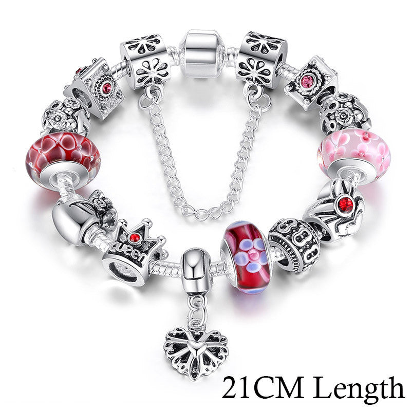 Pandora Inspired Silver Charms Bracelet & Bangles With Queen Crown Beads