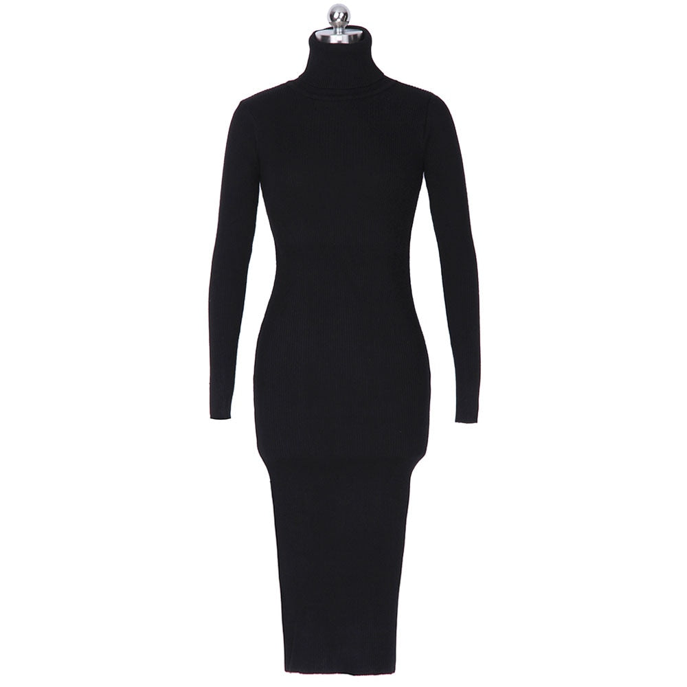 Karen Reilly Knitted Slim Elastic Turtleneck Long Sleeve Sweater Dresses