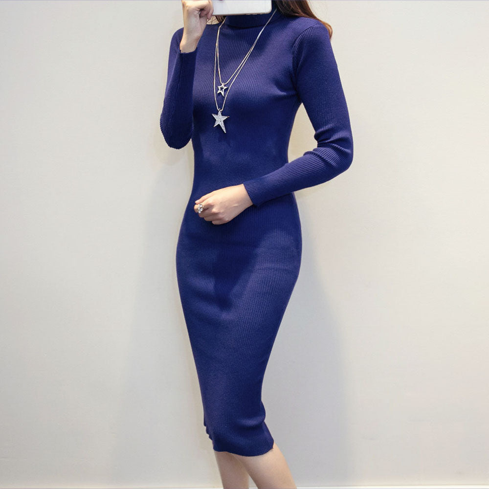 Karen Reilly Knitted Slim Elastic Turtleneck Long Sleeve Sweater Dresses