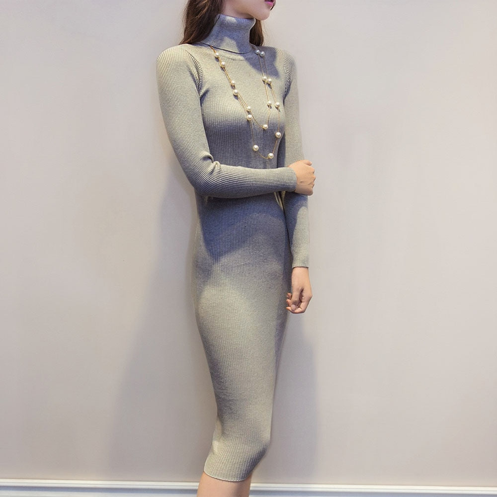 Karen Reilly Knitted Slim Elastic Turtleneck Long Sleeve Sweater Dresses