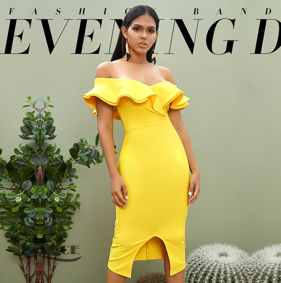 Rachel Phillips Off Shoulder Ruffles Slash Neck Yellow Evening Dress