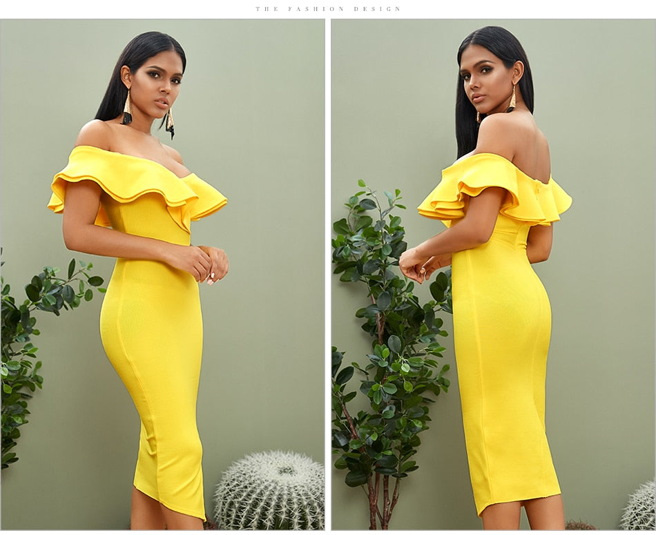 Rachel Phillips Off Shoulder Ruffles Slash Neck Yellow Evening Dress