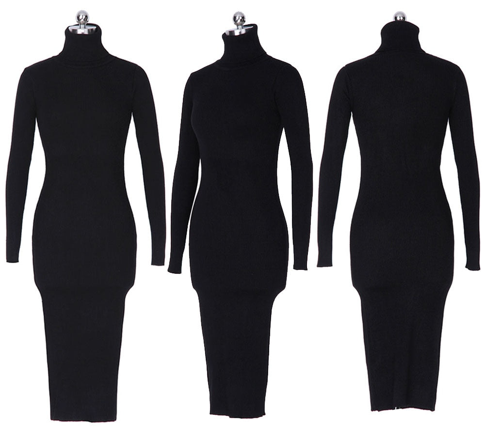 Karen Reilly Knitted Slim Elastic Turtleneck Long Sleeve Sweater Dresses