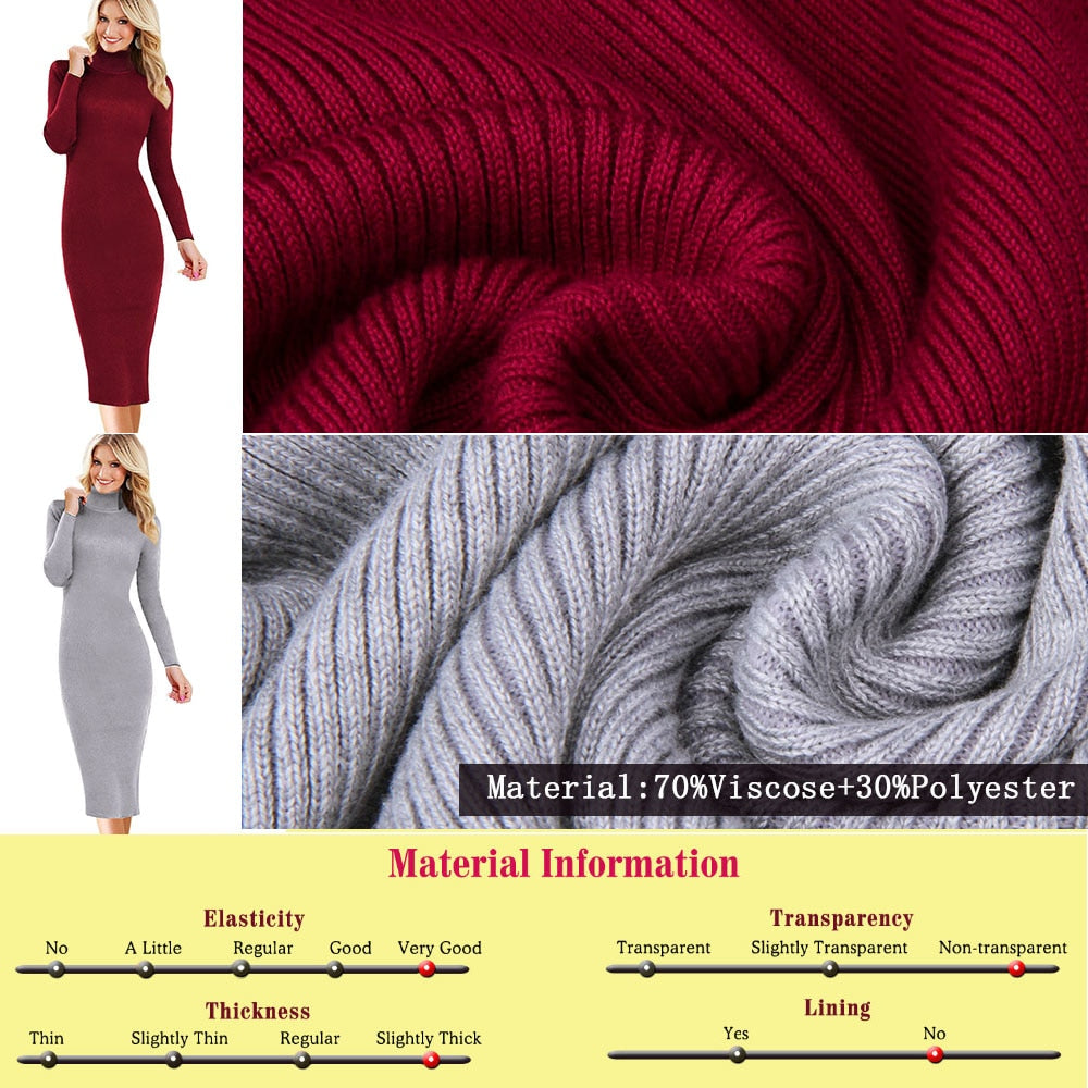 Karen Reilly Knitted Slim Elastic Turtleneck Long Sleeve Sweater Dresses