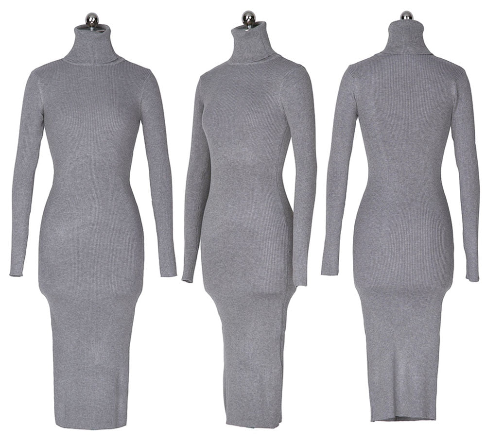 Karen Reilly Knitted Slim Elastic Turtleneck Long Sleeve Sweater Dresses