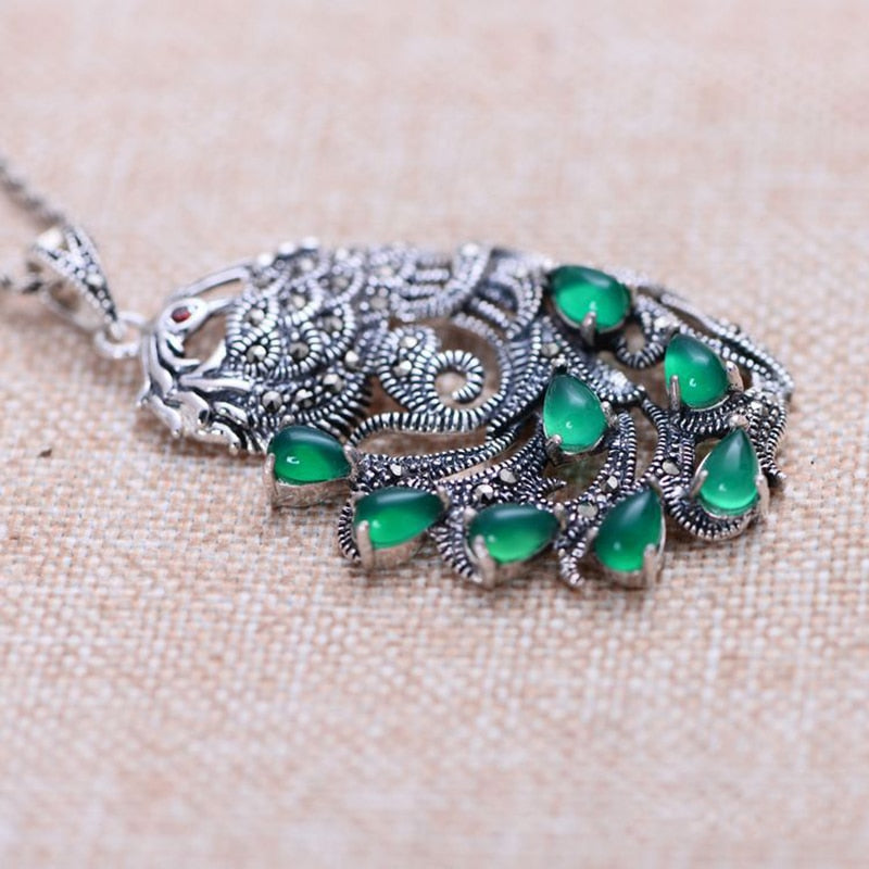 Chamaine 925 Sterling Silver Peacock Natural Gemstone Pendants For Women Inlaid Green Chalcedony Marcasite