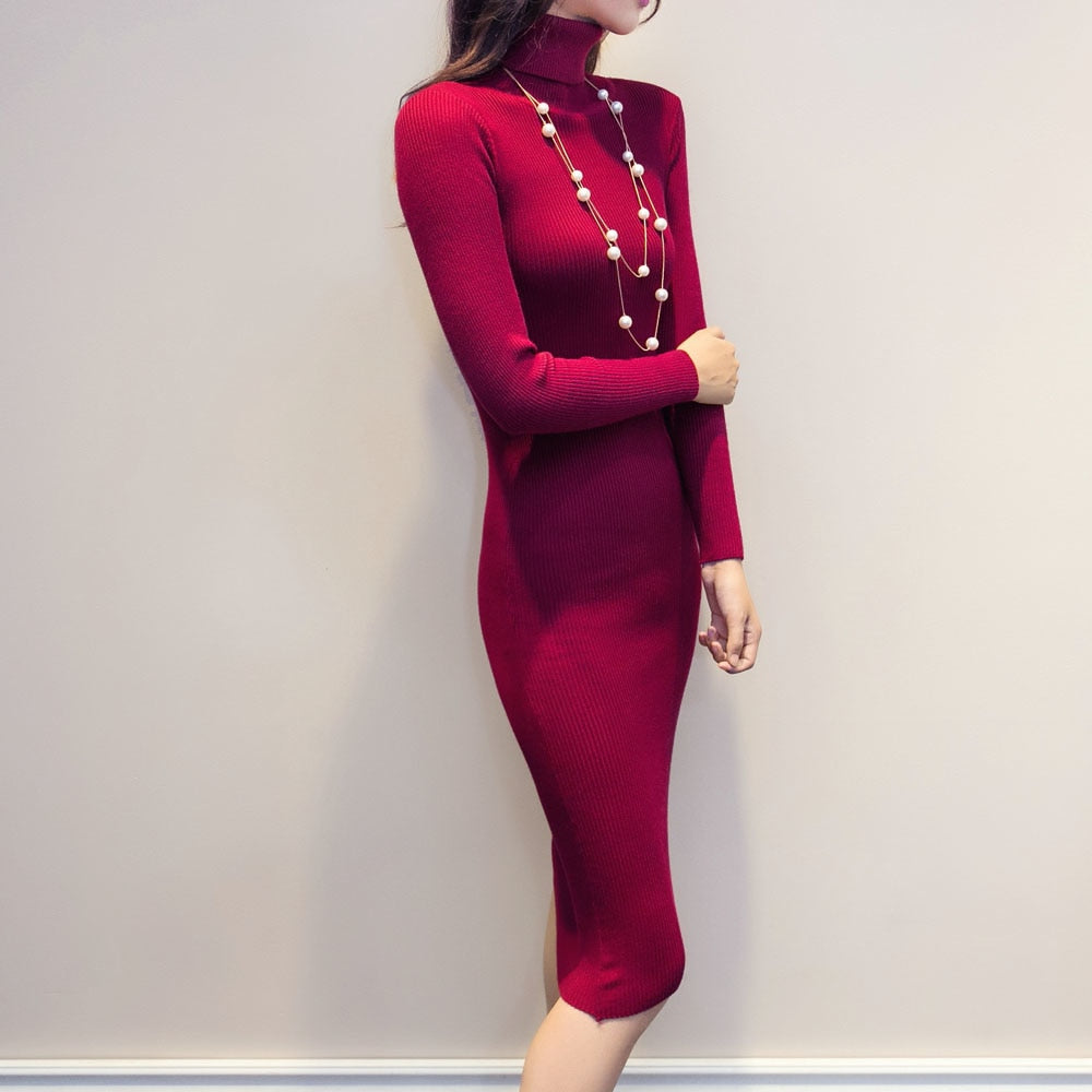 Karen Reilly Knitted Slim Elastic Turtleneck Long Sleeve Sweater Dresses