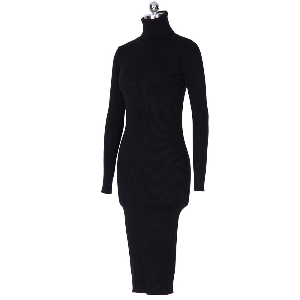 Karen Reilly Knitted Slim Elastic Turtleneck Long Sleeve Sweater Dresses