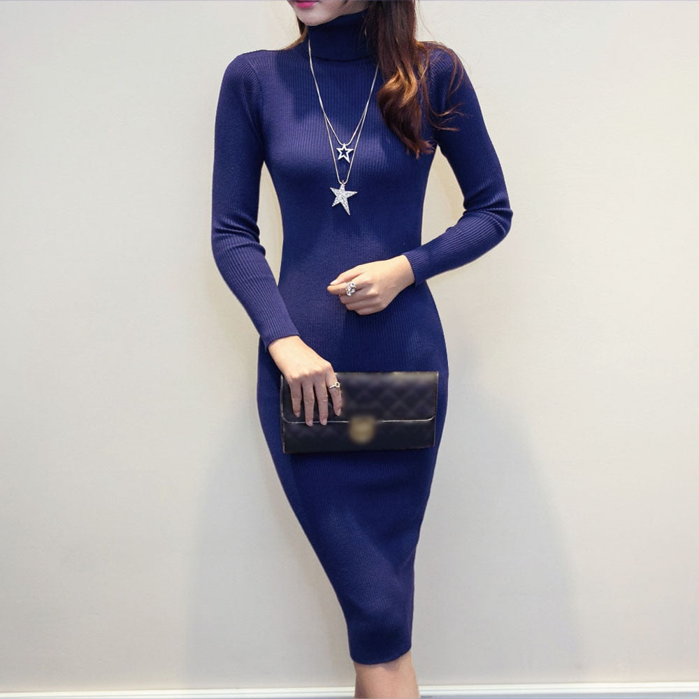 Karen Reilly Knitted Slim Elastic Turtleneck Long Sleeve Sweater Dresses