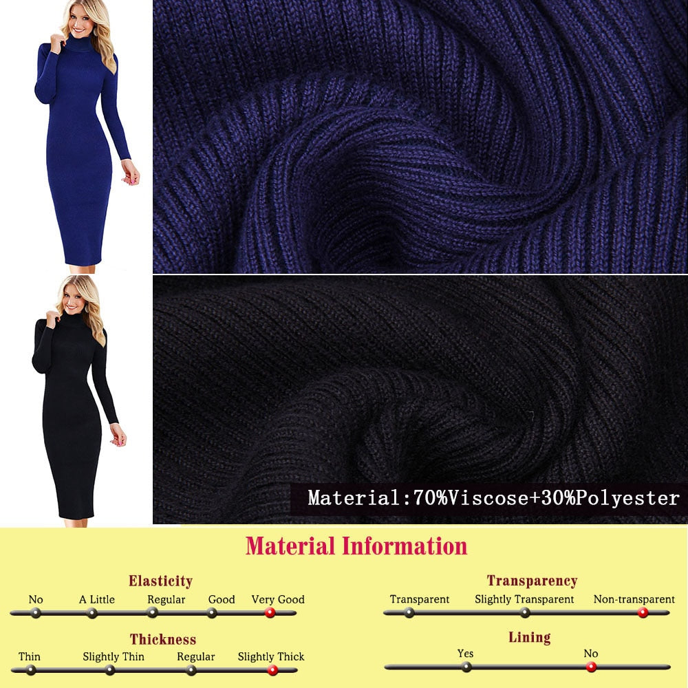 Karen Reilly Knitted Slim Elastic Turtleneck Long Sleeve Sweater Dresses