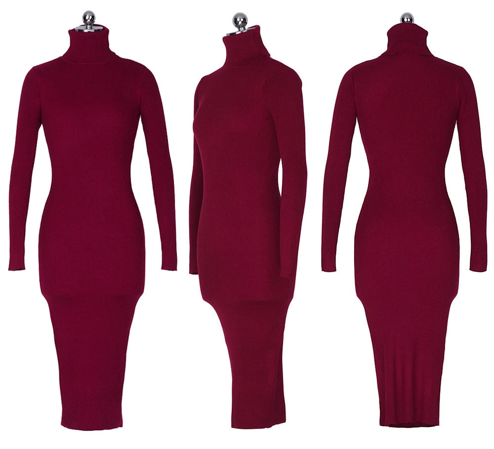 Karen Reilly Knitted Slim Elastic Turtleneck Long Sleeve Sweater Dresses