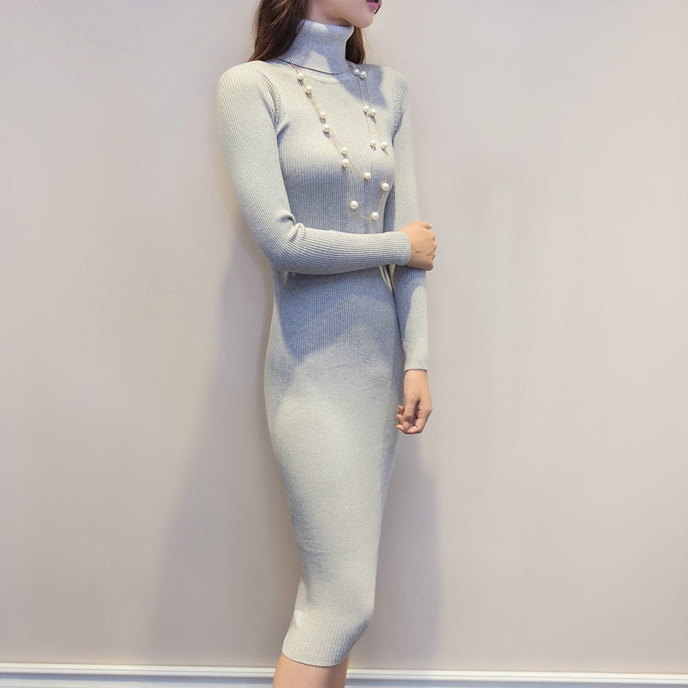 Karen Reilly Knitted Slim Elastic Turtleneck Long Sleeve Sweater Dresses