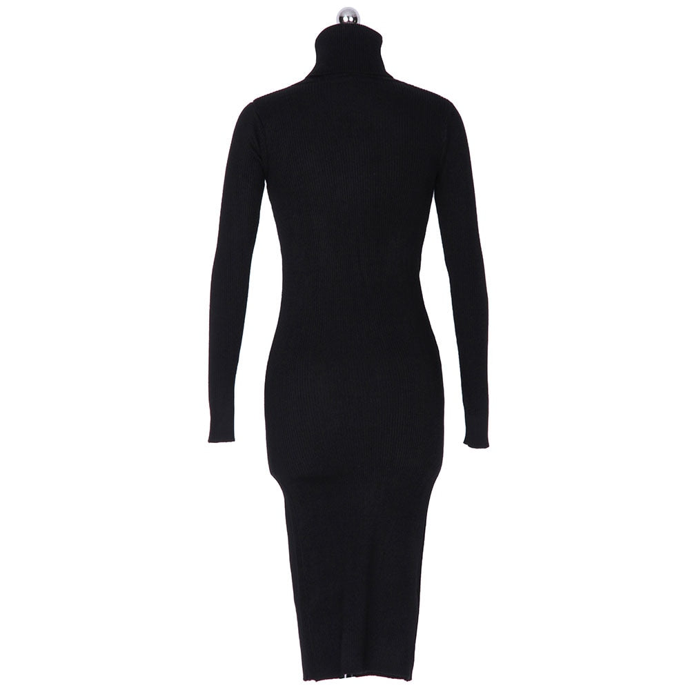 Karen Reilly Knitted Slim Elastic Turtleneck Long Sleeve Sweater Dresses