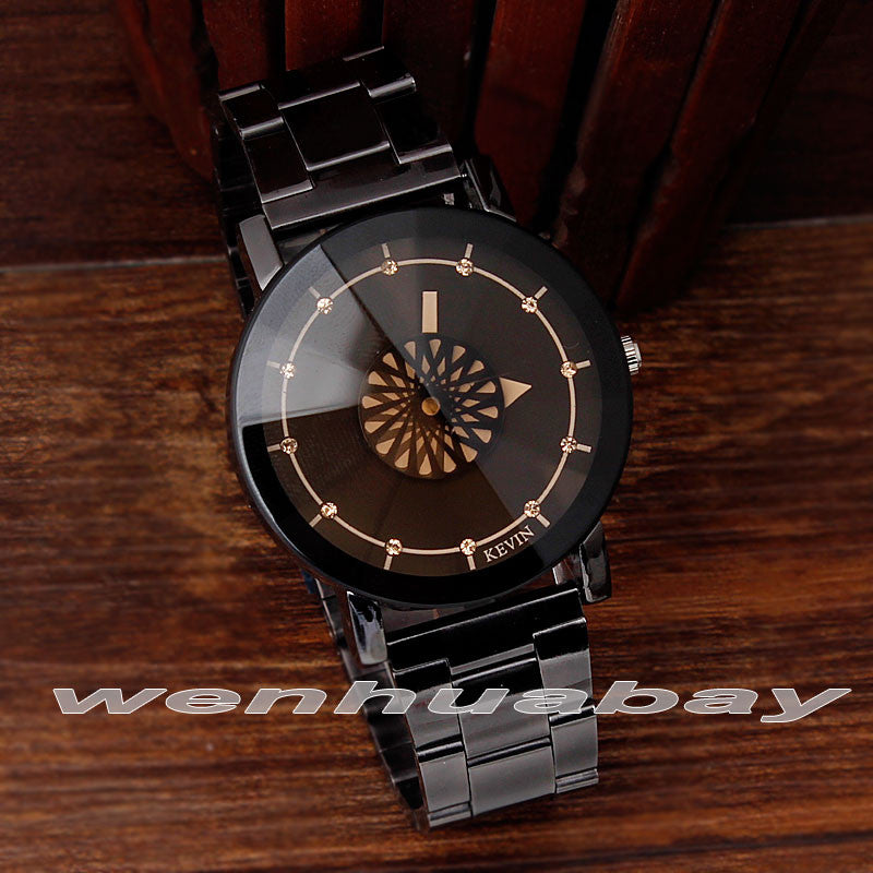 Global Black Dial Stainless Steel Band Quartz Wrist Watch